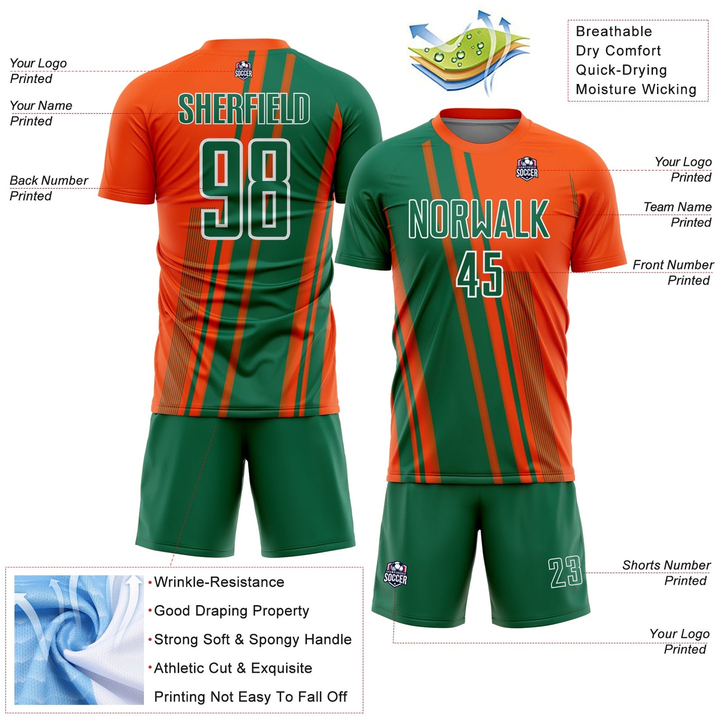 Custom Orange Kelly Green-White Lines Sports Sublimation Soccer Uniform Jersey Limited