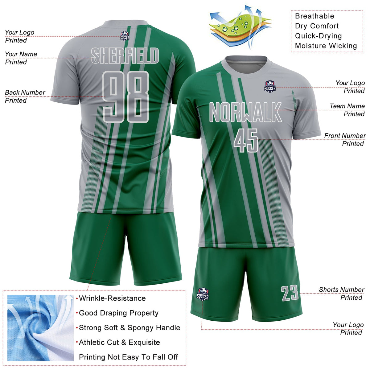 Custom Gray Kelly Green-White Lines Sports Sublimation Soccer Uniform Jersey Limited