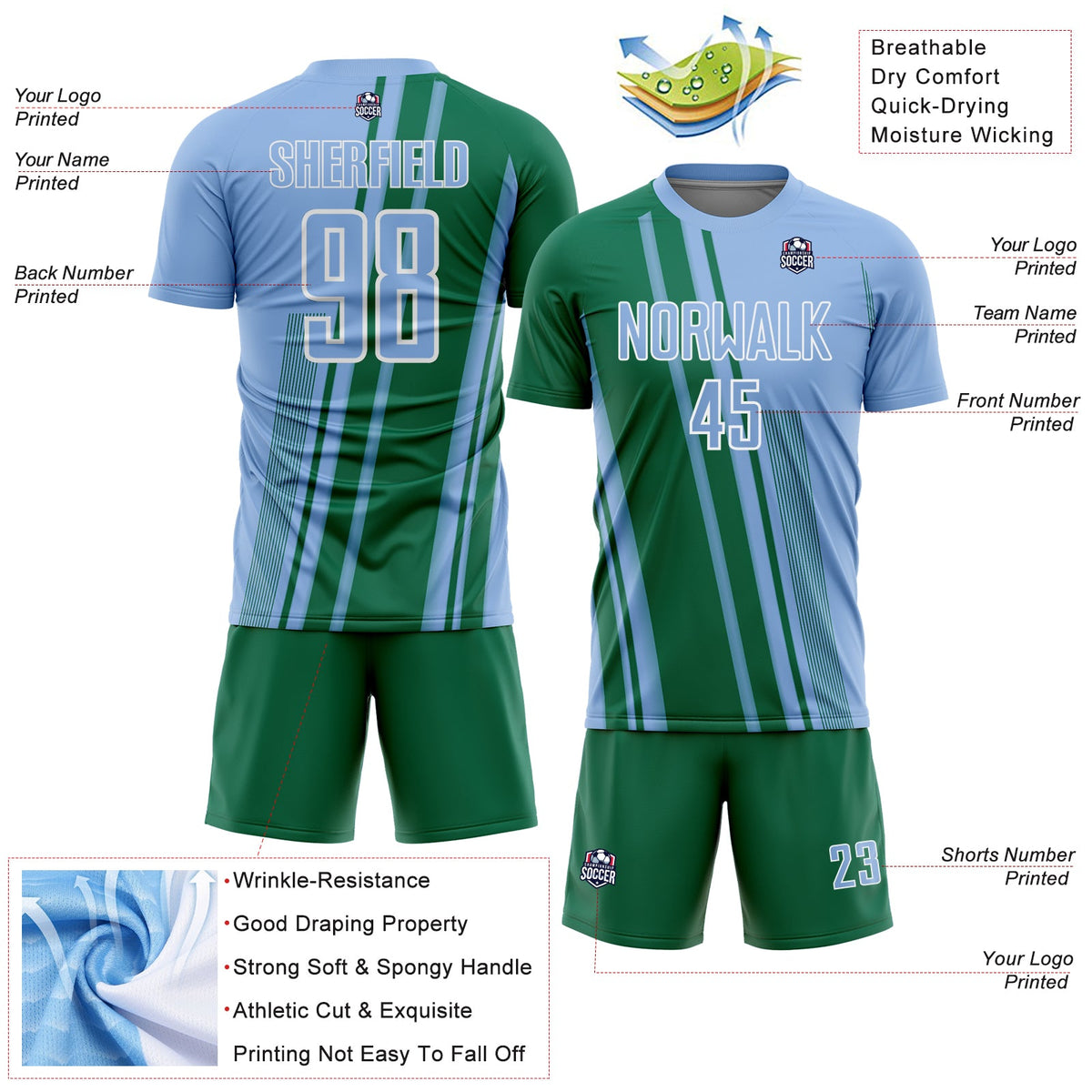 Custom Light Blue Kelly Green-White Lines Sports Sublimation Soccer Uniform Jersey Limited