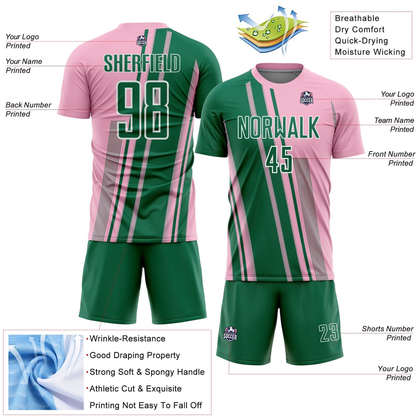 Custom Light Pink Kelly Green-White Lines Sports Sublimation Soccer Uniform Jersey Limited
