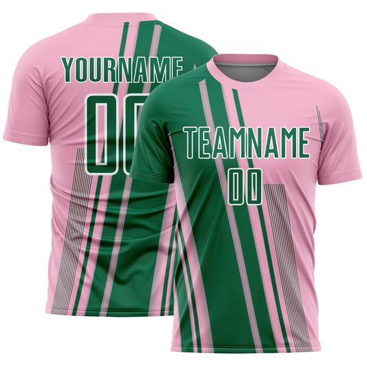 Custom Light Pink Kelly Green-White Lines Sports Sublimation Soccer Uniform Jersey