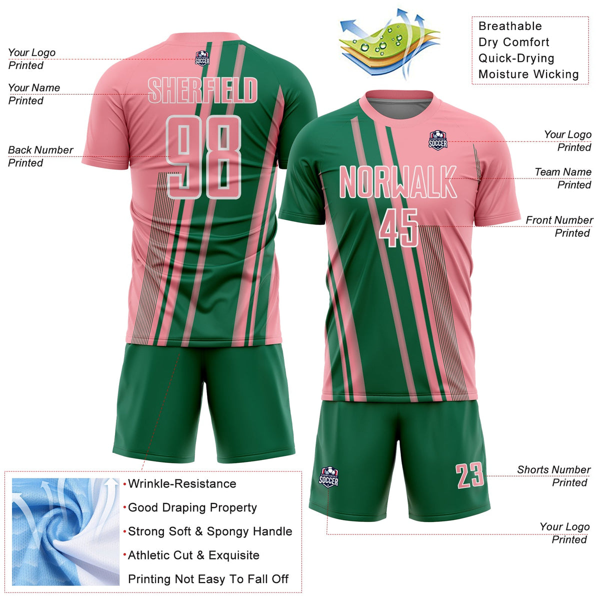 Custom Medium Pink Kelly Green-White Lines Sports Sublimation Soccer Uniform Jersey Limited