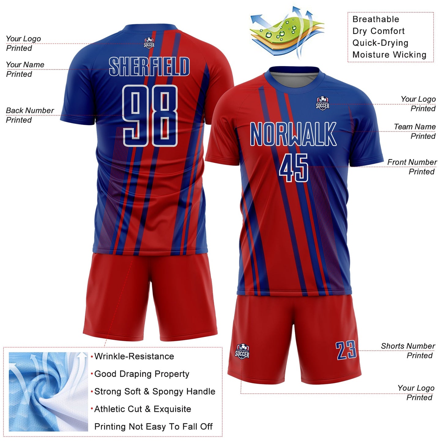 Custom Royal Red-White Lines Sports Sublimation Soccer Uniform Jersey Limited