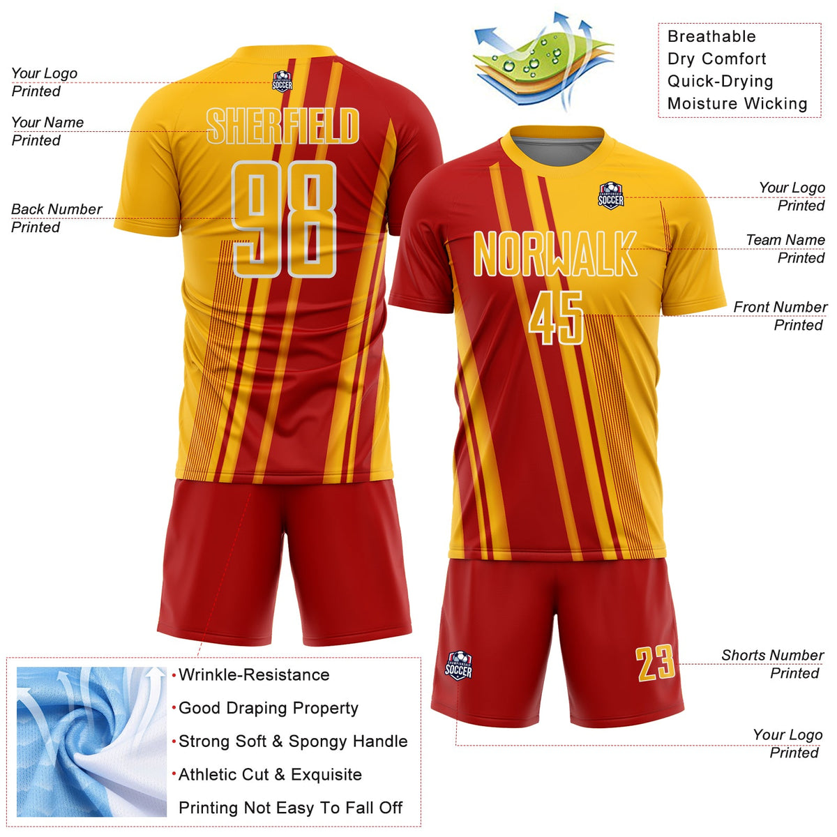 Custom Gold Red-White Lines Sports Sublimation Soccer Uniform Jersey Limited