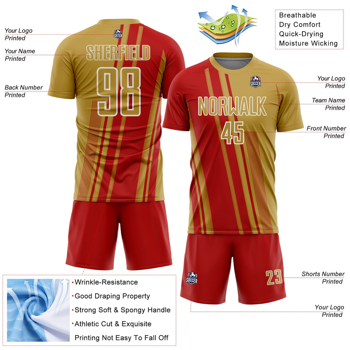 Custom Old Gold Red-White Lines Sports Sublimation Soccer Uniform Jersey Limited