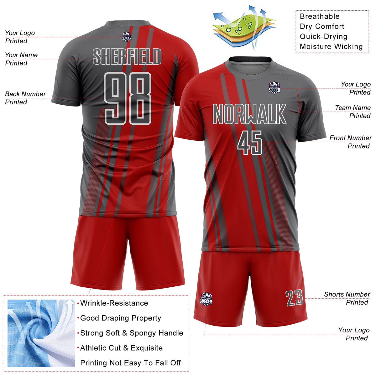 Custom Steel Gray Red-White Lines Sports Sublimation Soccer Uniform Jersey Limited