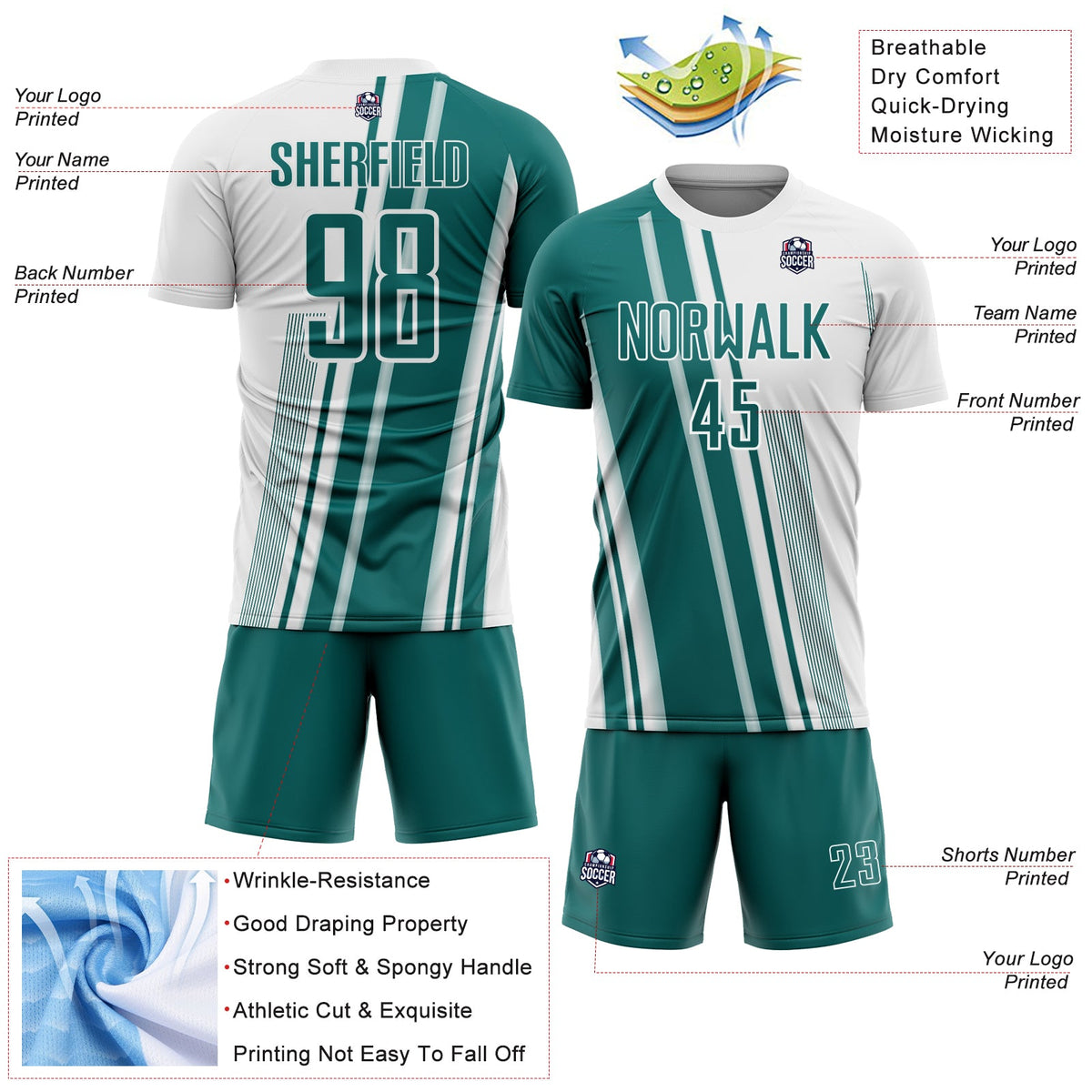Custom White Teal Lines Sports Sublimation Soccer Uniform Jersey Limited