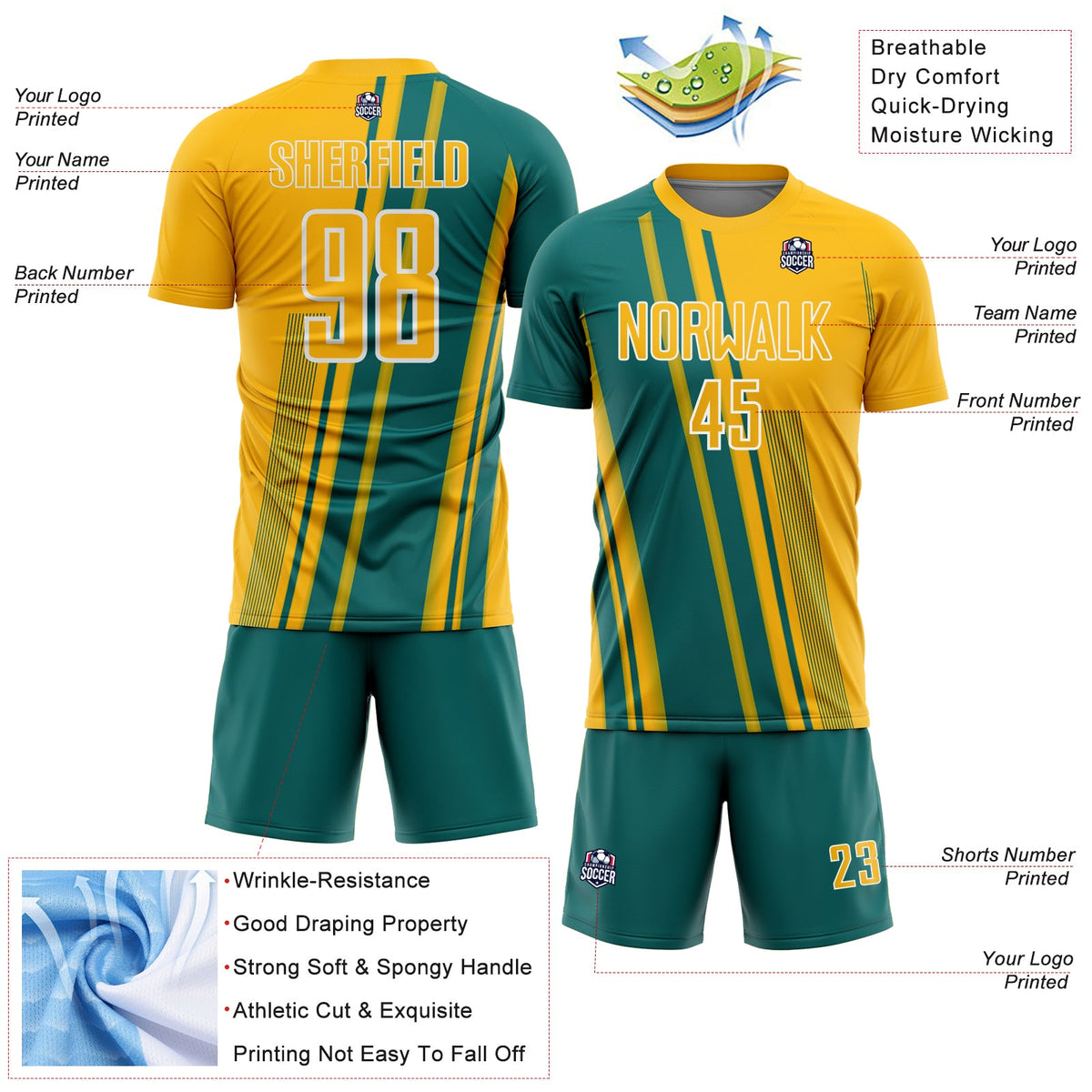 Custom Gold Teal-White Lines Sports Sublimation Soccer Uniform Jersey Limited
