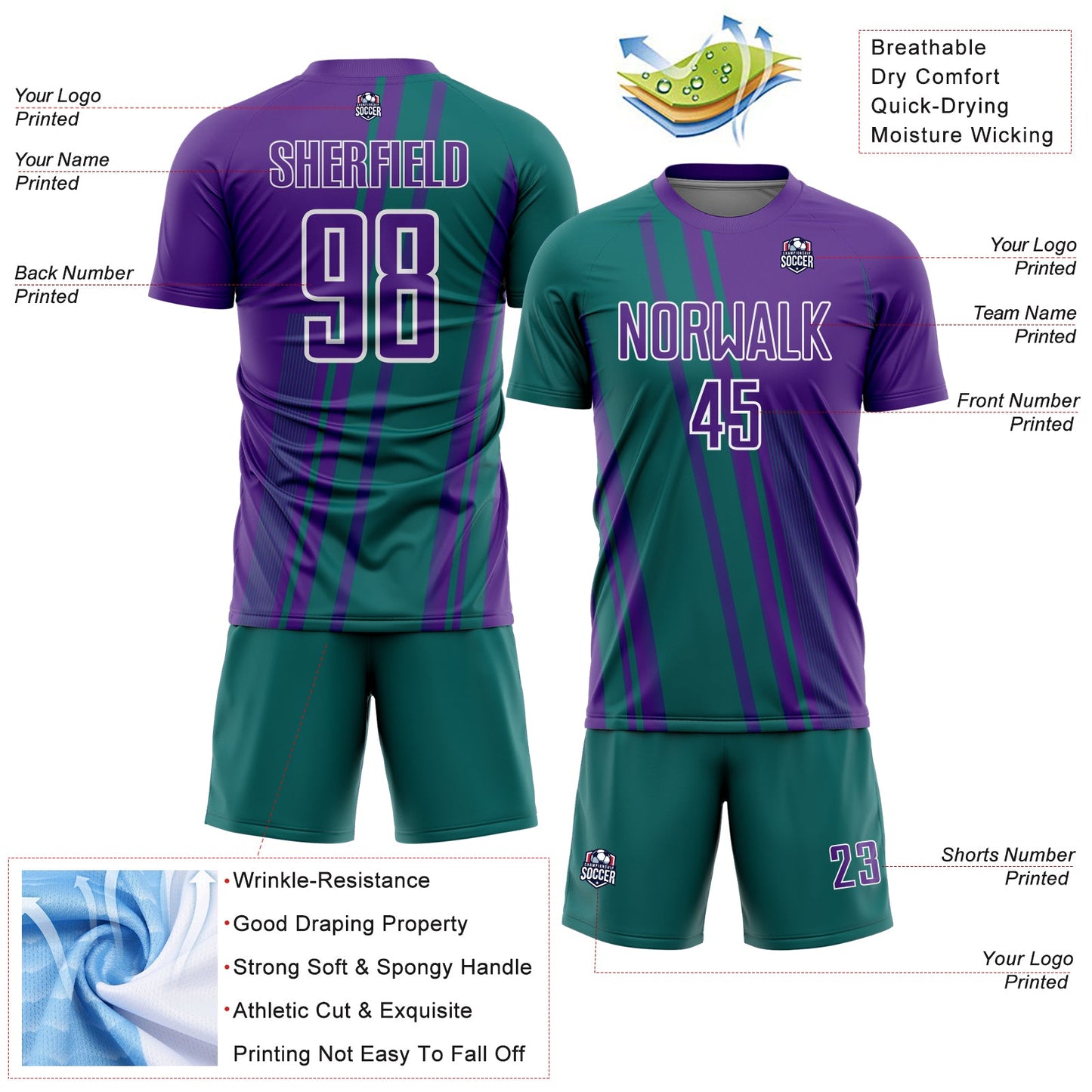 Custom Purple Teal-White Lines Sports Sublimation Soccer Uniform Jersey Limited