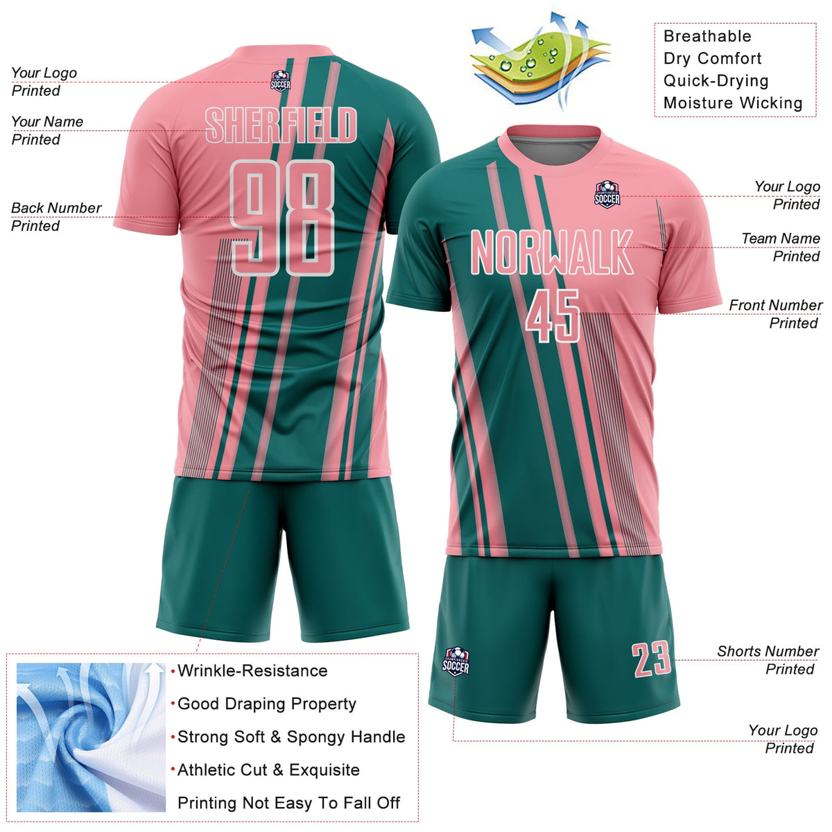 Custom Medium Pink Teal-White Lines Sports Sublimation Soccer Uniform Jersey Limited