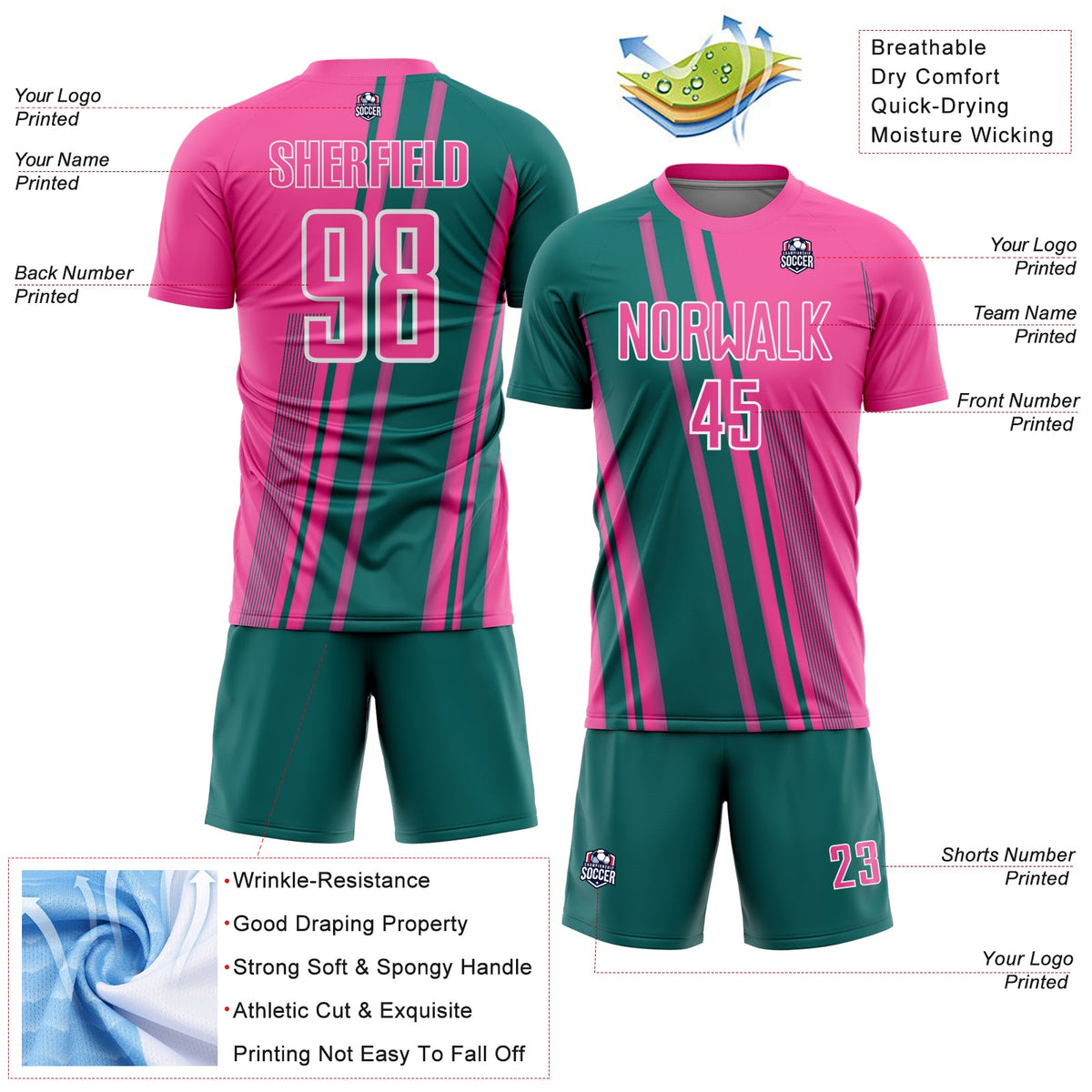 Custom Pink Teal-White Lines Sports Sublimation Soccer Uniform Jersey Limited