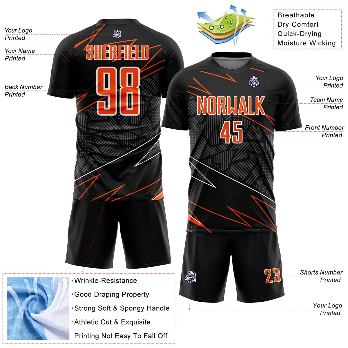 Custom Black Orange-White Lines Sports Sublimation Soccer Uniform Jersey Limited