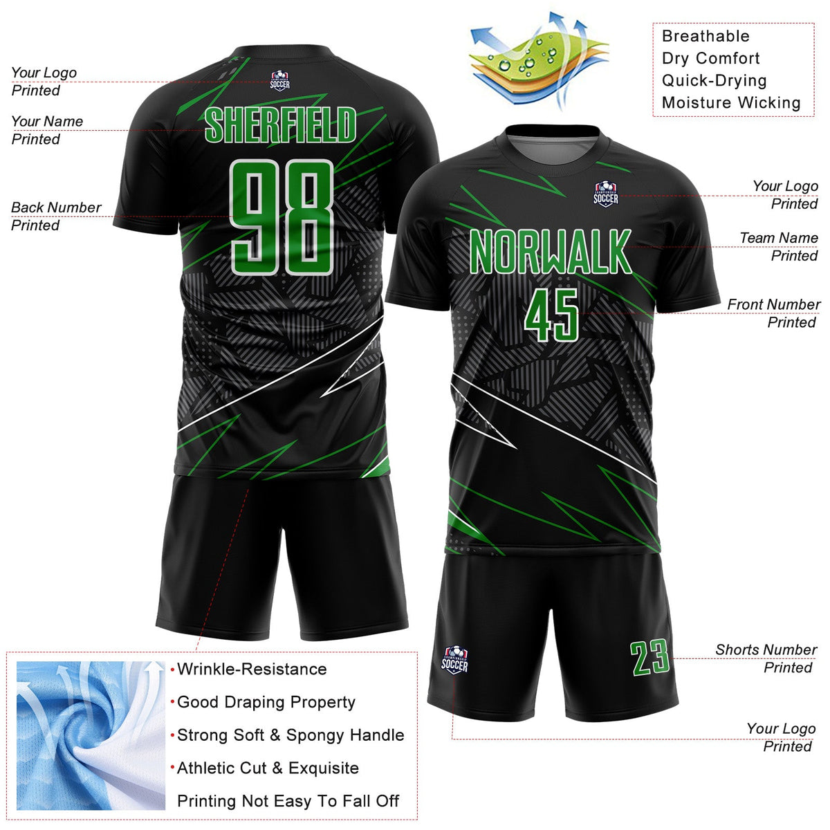 Custom Black Grass Green-White Lines Sports Sublimation Soccer Uniform Jersey Limited