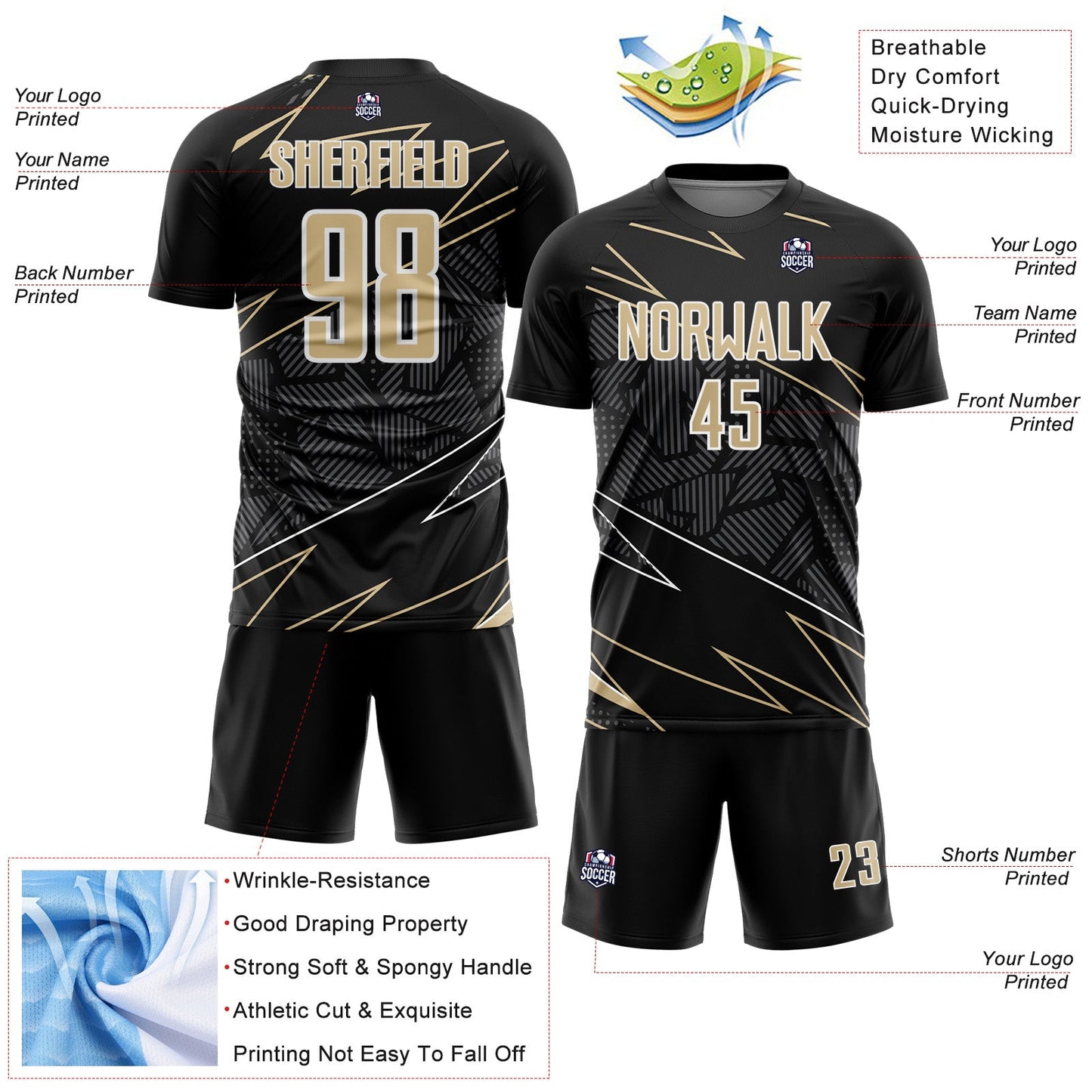 Custom Black Vegas Gold-White Lines Sports Sublimation Soccer Uniform Jersey Limited