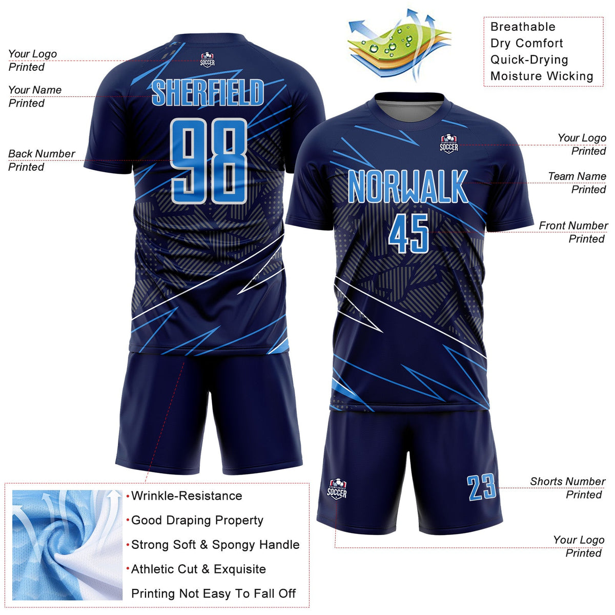 Custom Navy Powder Blue-White Lines Sports Sublimation Soccer Uniform Jersey Limited
