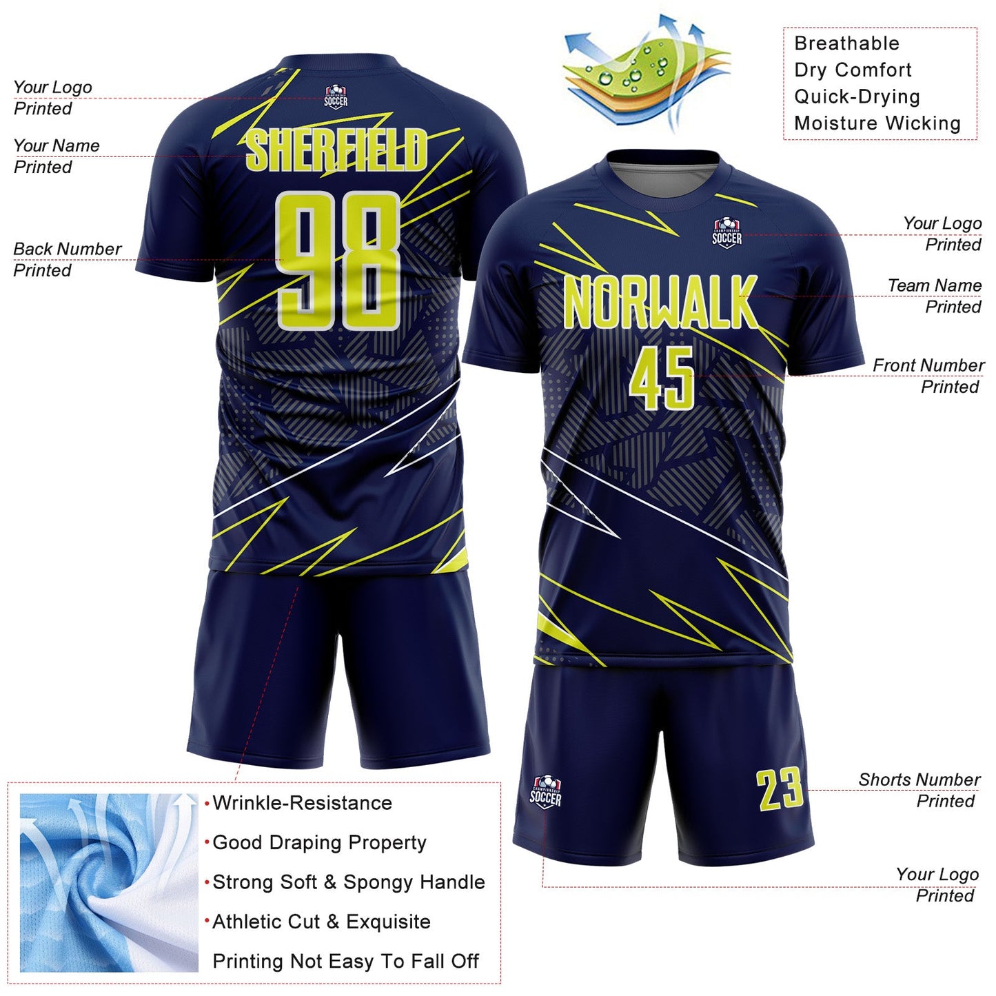 Custom Navy Neon Yellow-White Lines Sports Sublimation Soccer Uniform Jersey Limited