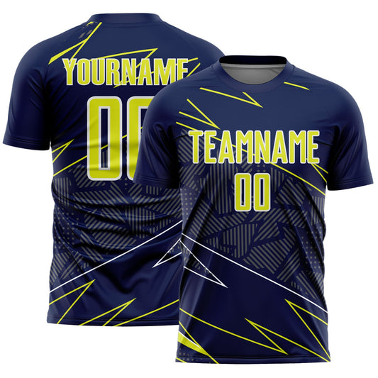 Custom Navy Neon Yellow-White Lines Sports Sublimation Soccer Uniform Jersey