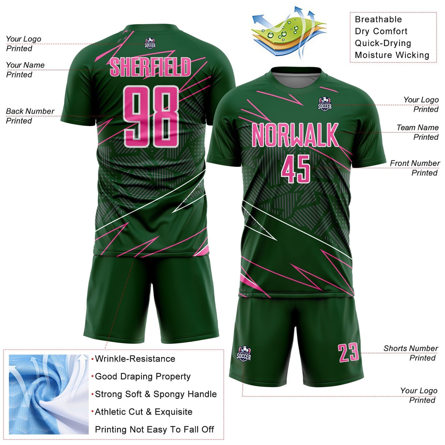 Custom Green Pink-White Lines Sports Sublimation Soccer Uniform Jersey Limited