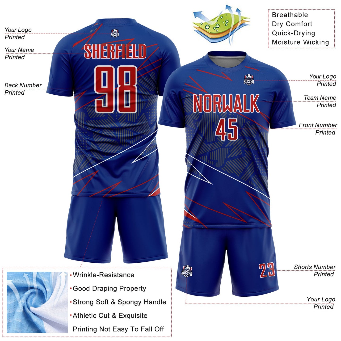 Custom Royal Red-White Lines Sports Sublimation Soccer Uniform Jersey Limited