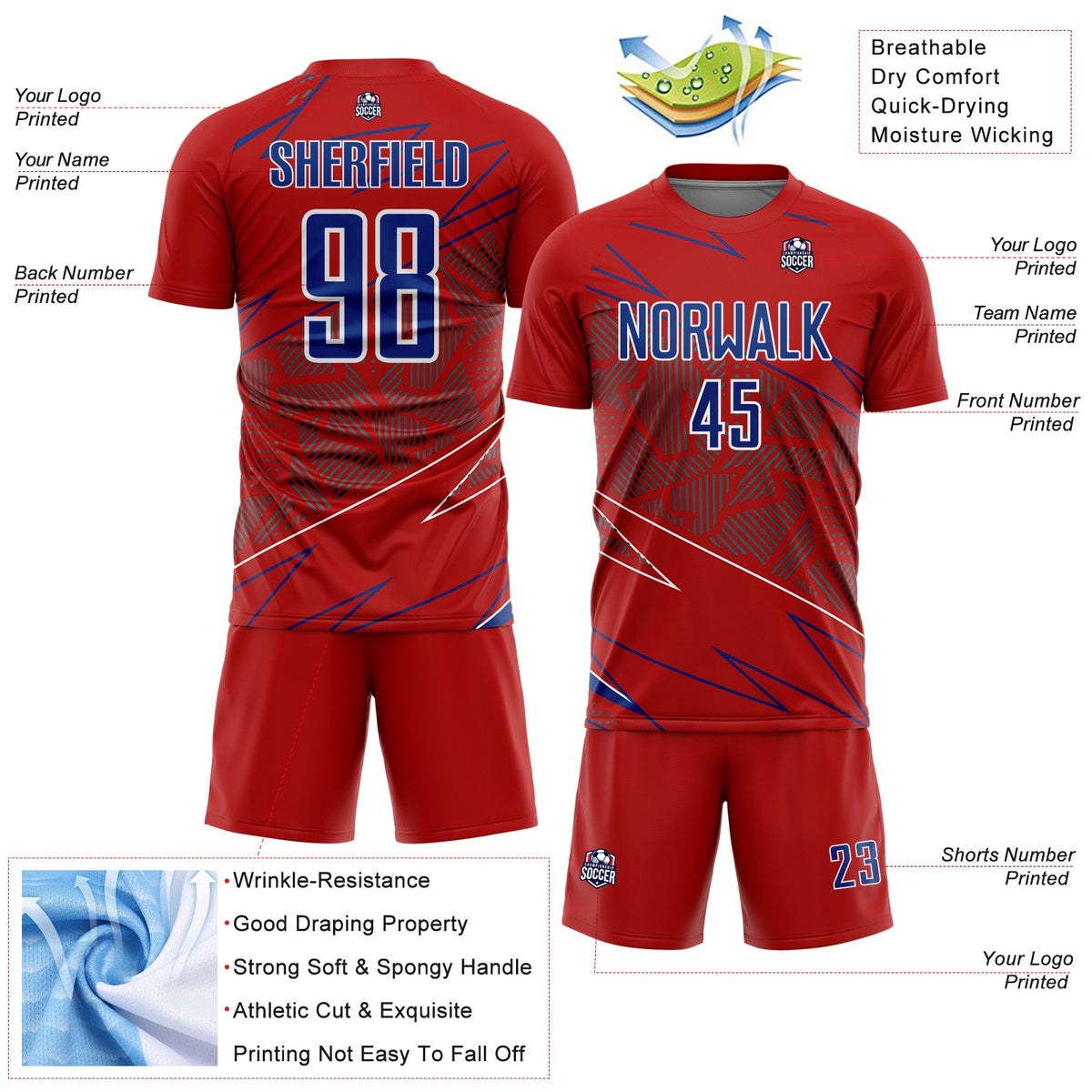 Custom Red Royal-White Lines Sports Sublimation Soccer Uniform Jersey Limited