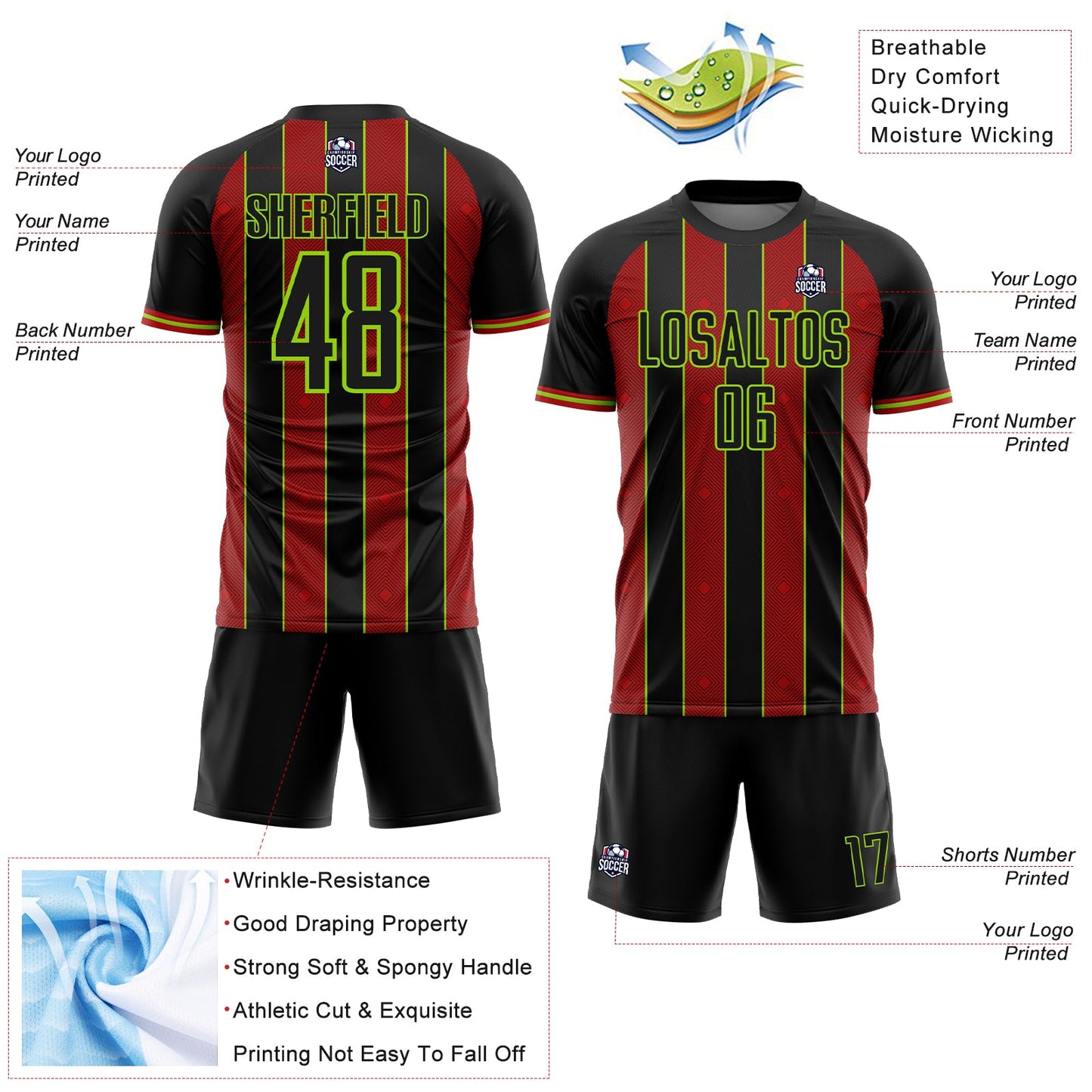 Custom Black Red-Neon Green Pinstripe Line Sports Sublimation Soccer Uniform Jersey Limited