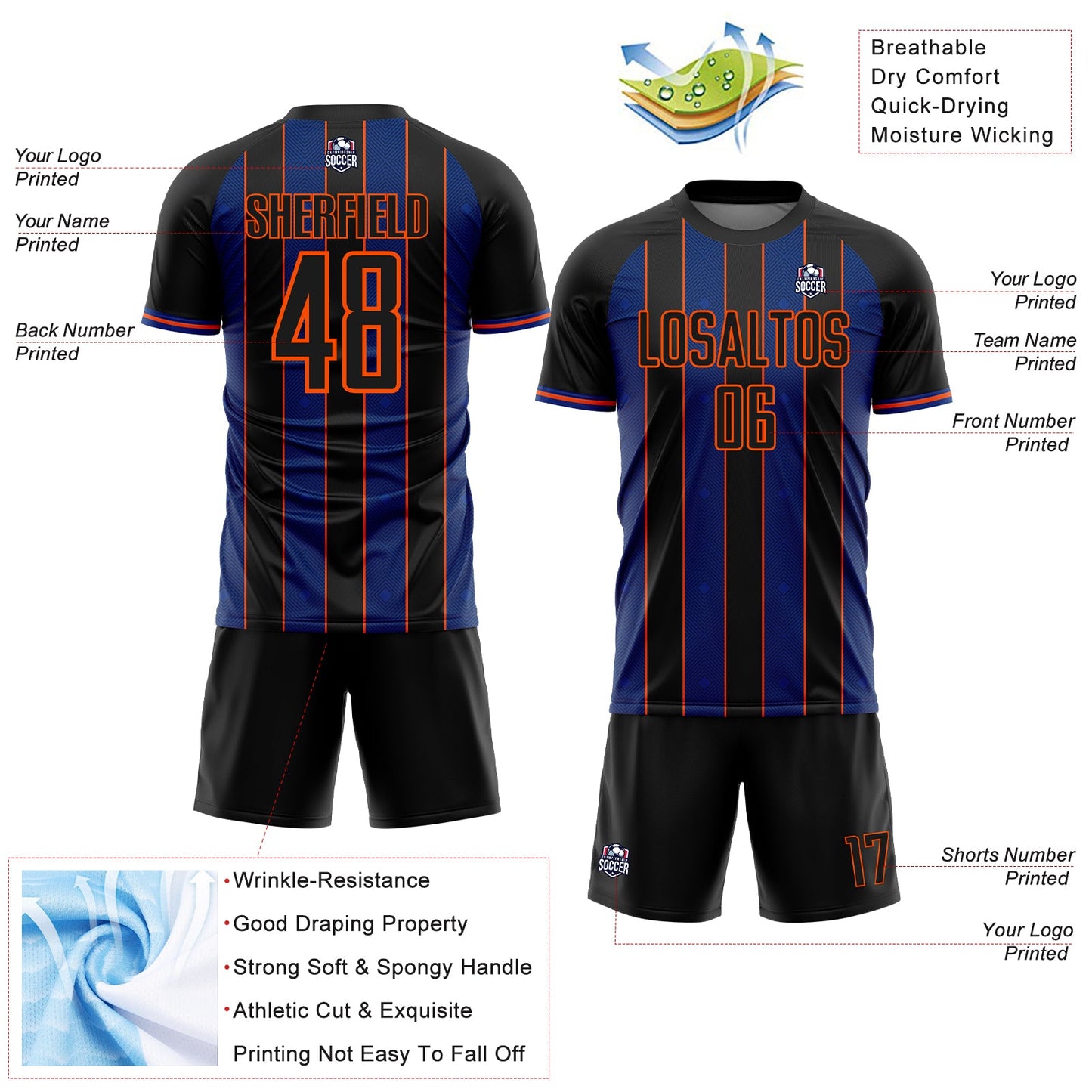 Custom Black Royal-Orange Pinstripe Line Sports Sublimation Soccer Uniform Jersey Limited