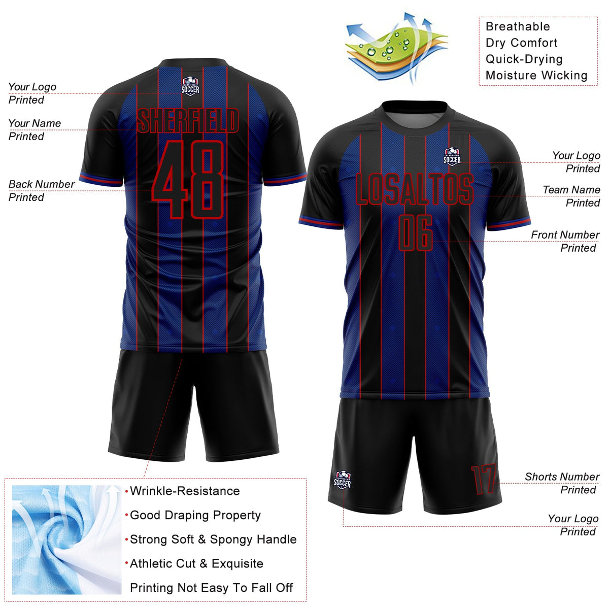 Custom Black Royal-Red Pinstripe Line Sports Sublimation Soccer Uniform Jersey Limited