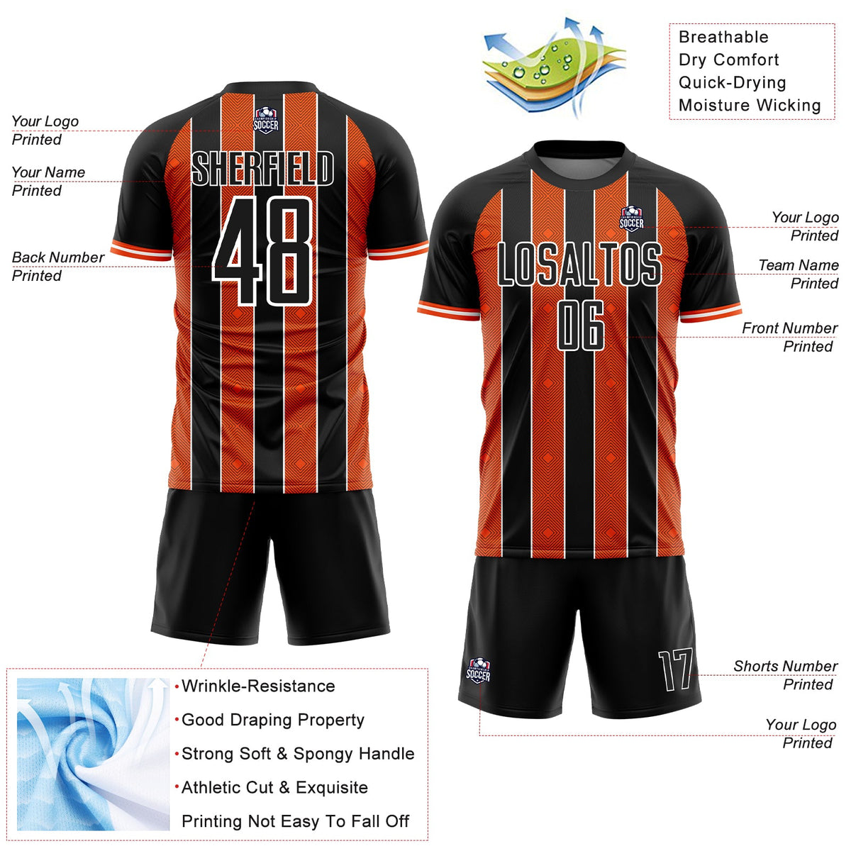 Custom Black Orange-White Pinstripe Line Sports Sublimation Soccer Uniform Jersey Limited