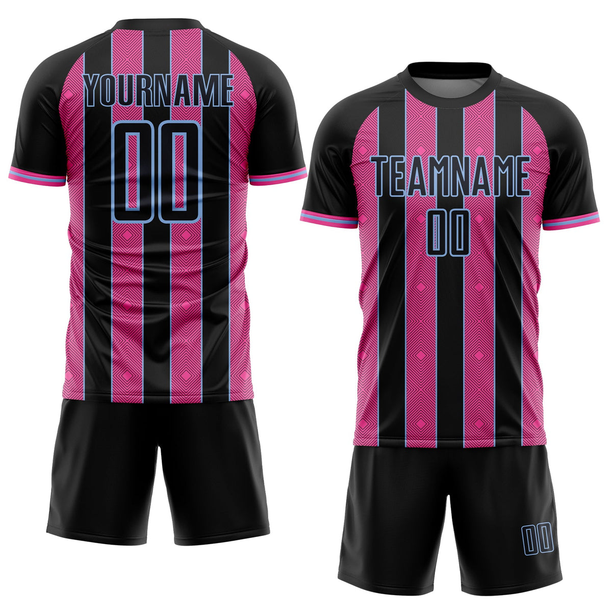 Custom Black Pink-Light Blue Pinstripe Line Sports Sublimation Soccer Uniform Jersey Limited