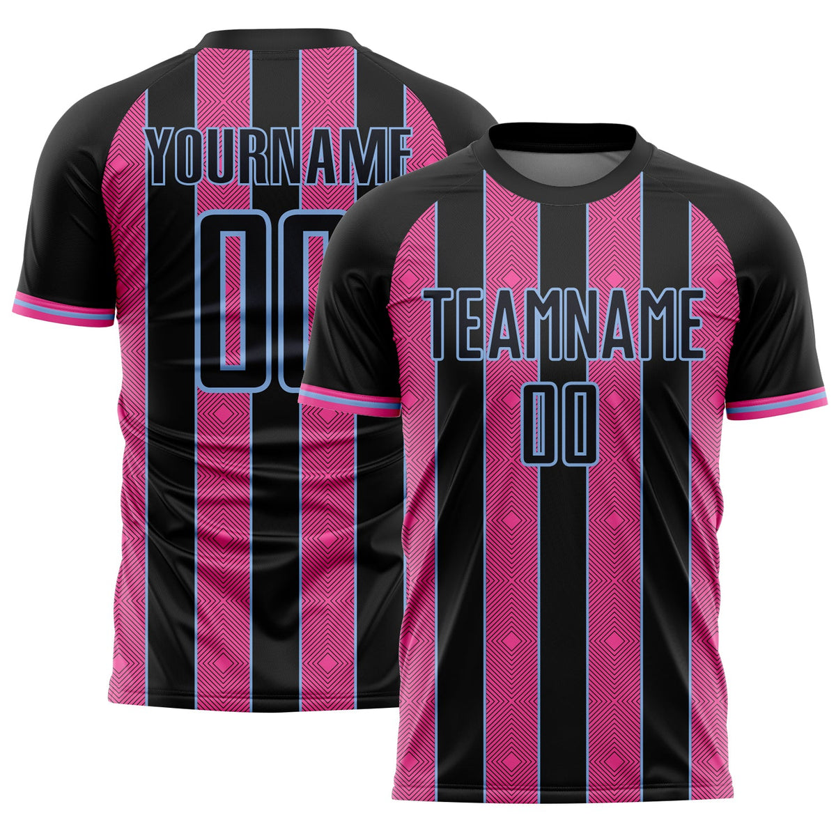 Custom Black Pink-Light Blue Pinstripe Line Sports Sublimation Soccer Uniform Jersey