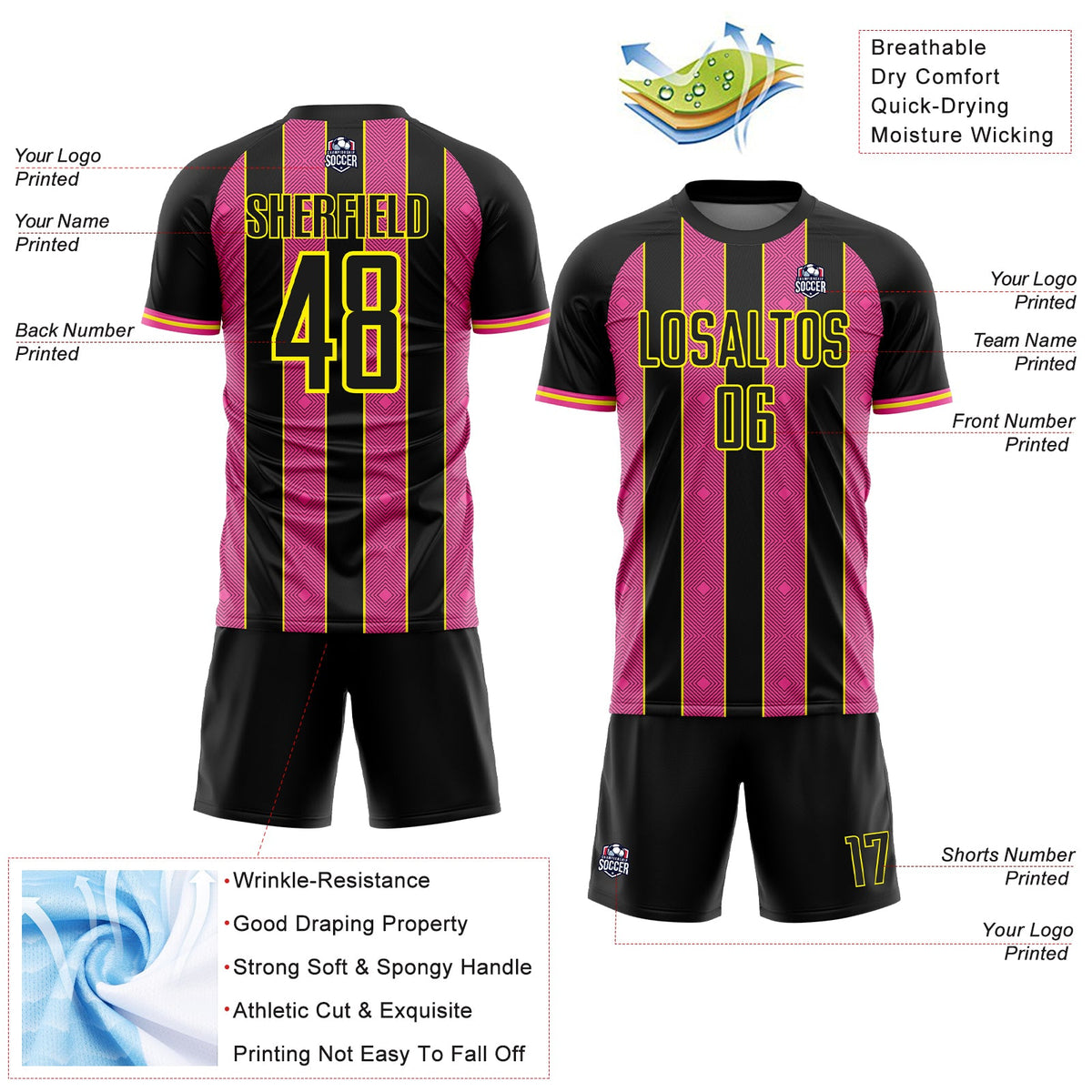 Custom Black Pink-Light Yellow Pinstripe Line Sports Sublimation Soccer Uniform Jersey Limited