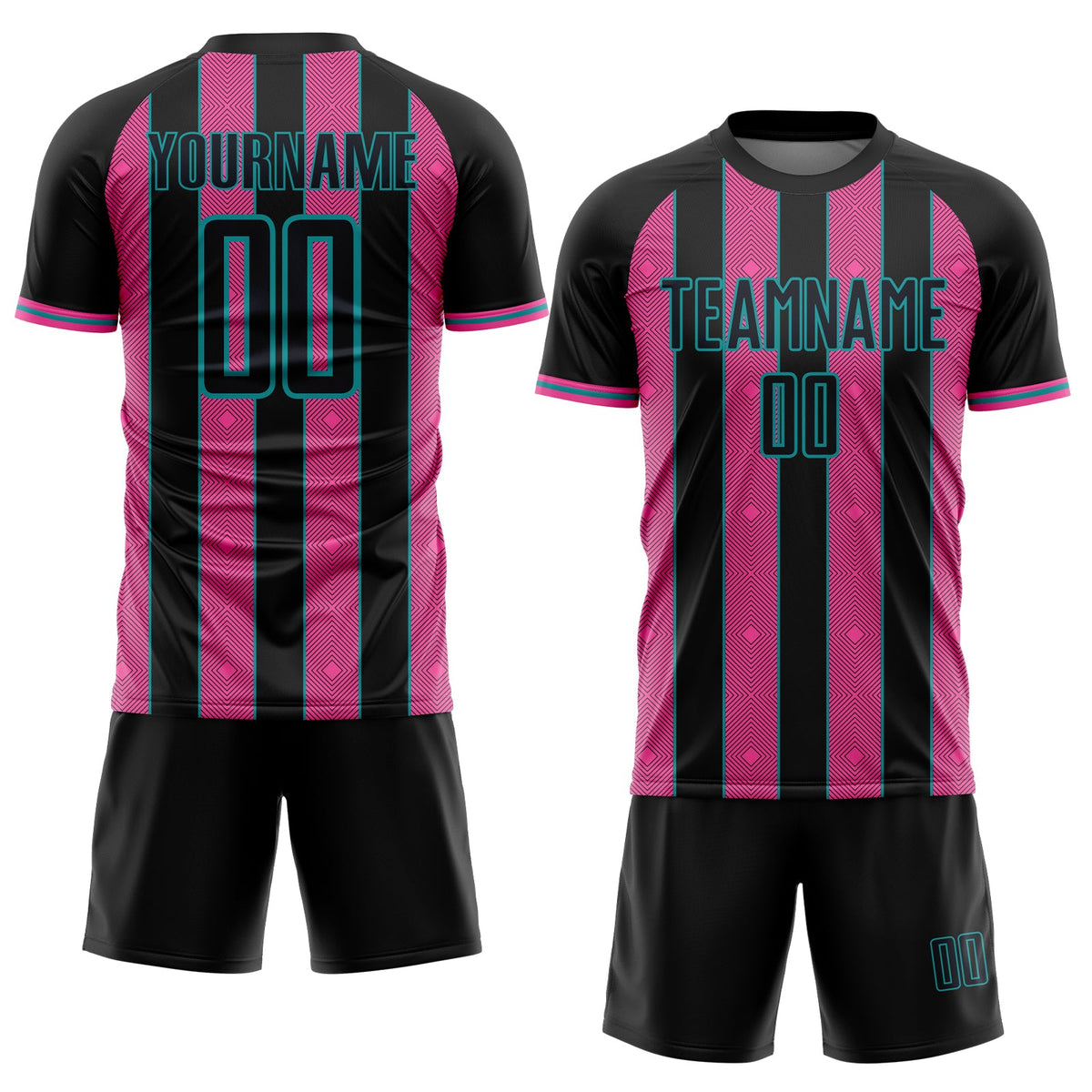 Custom Black Pink-Teal Pinstripe Line Sports Sublimation Soccer Uniform Jersey Limited