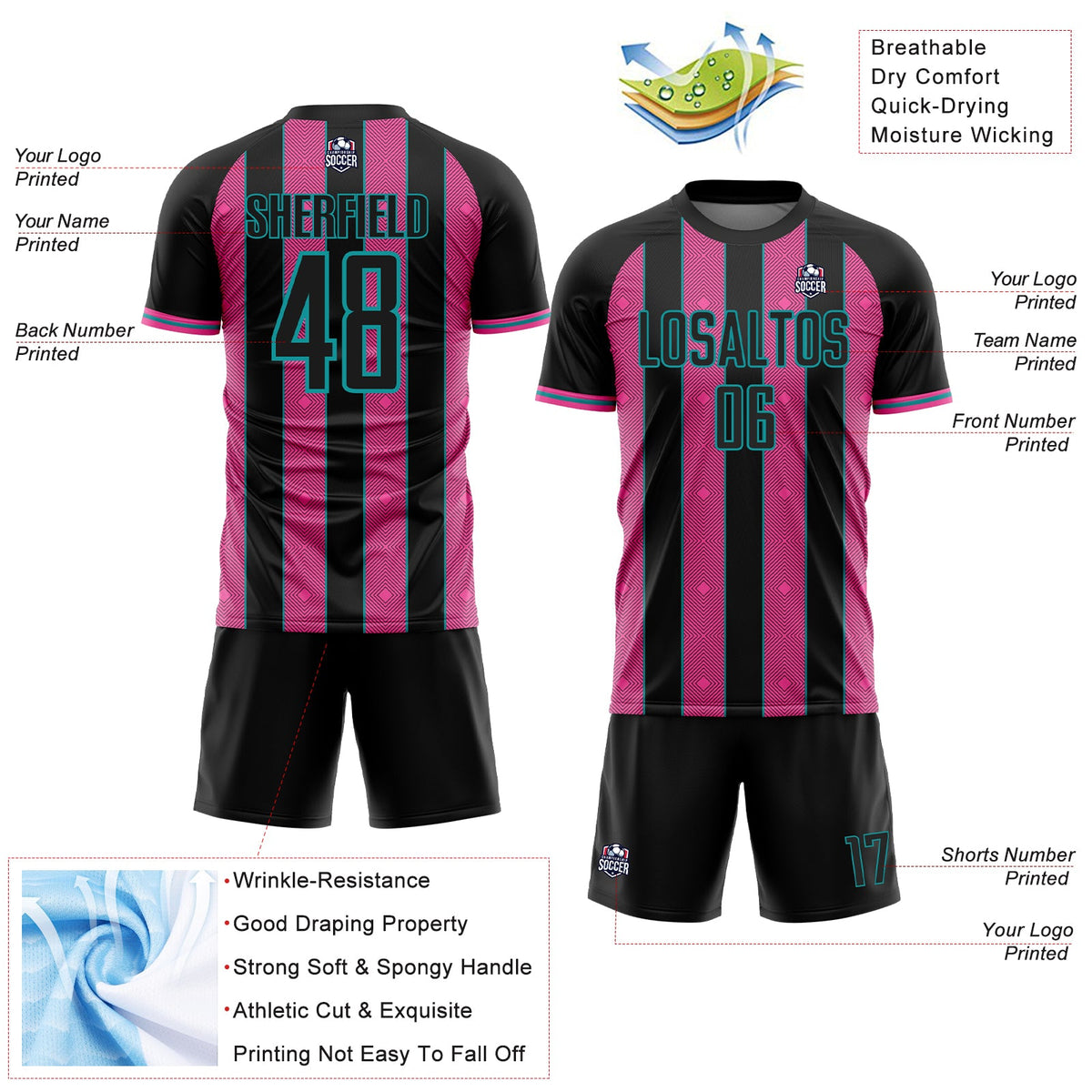 Custom Black Pink-Teal Pinstripe Line Sports Sublimation Soccer Uniform Jersey Limited
