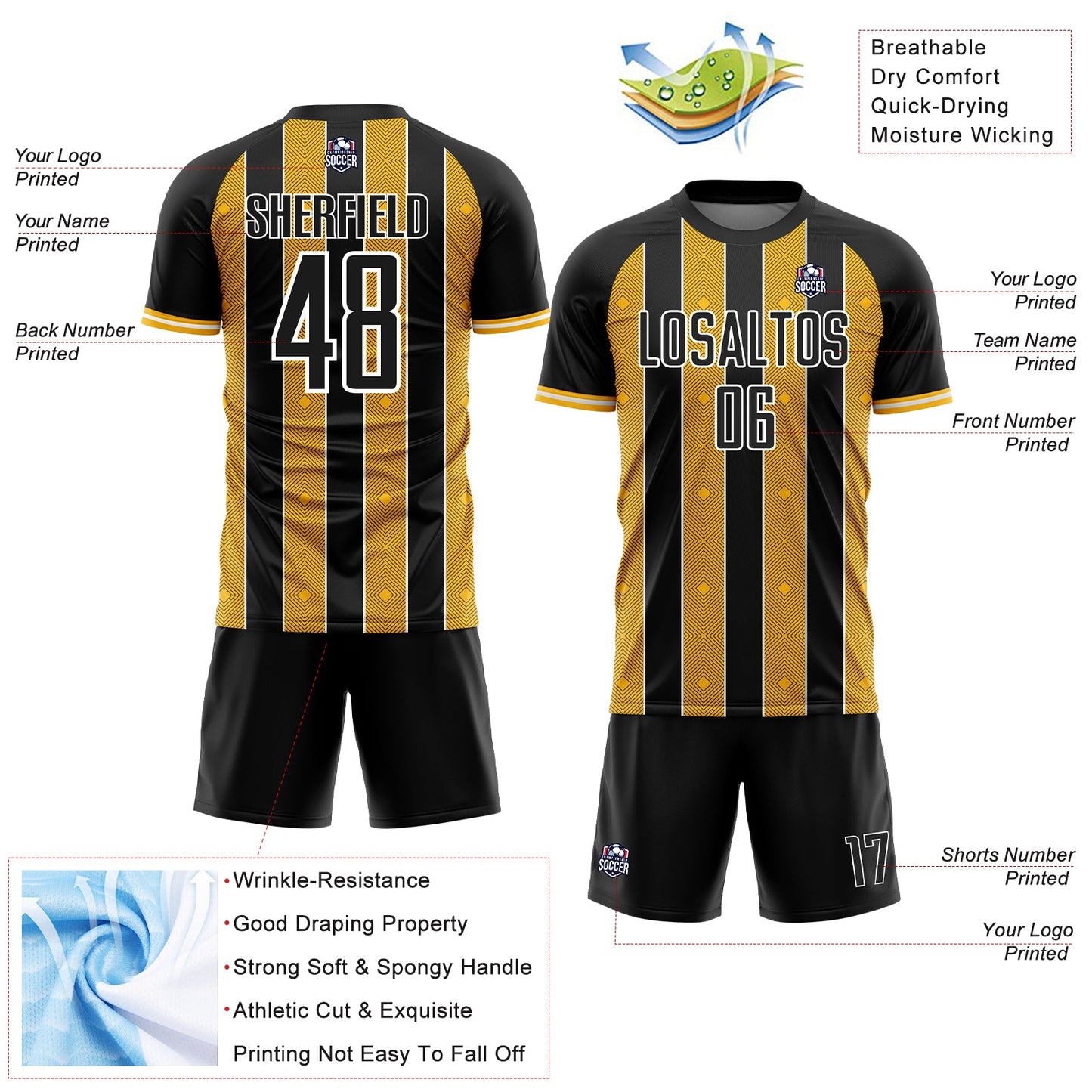 Custom Black Gold-White Pinstripe Line Sports Sublimation Soccer Uniform Jersey Limited