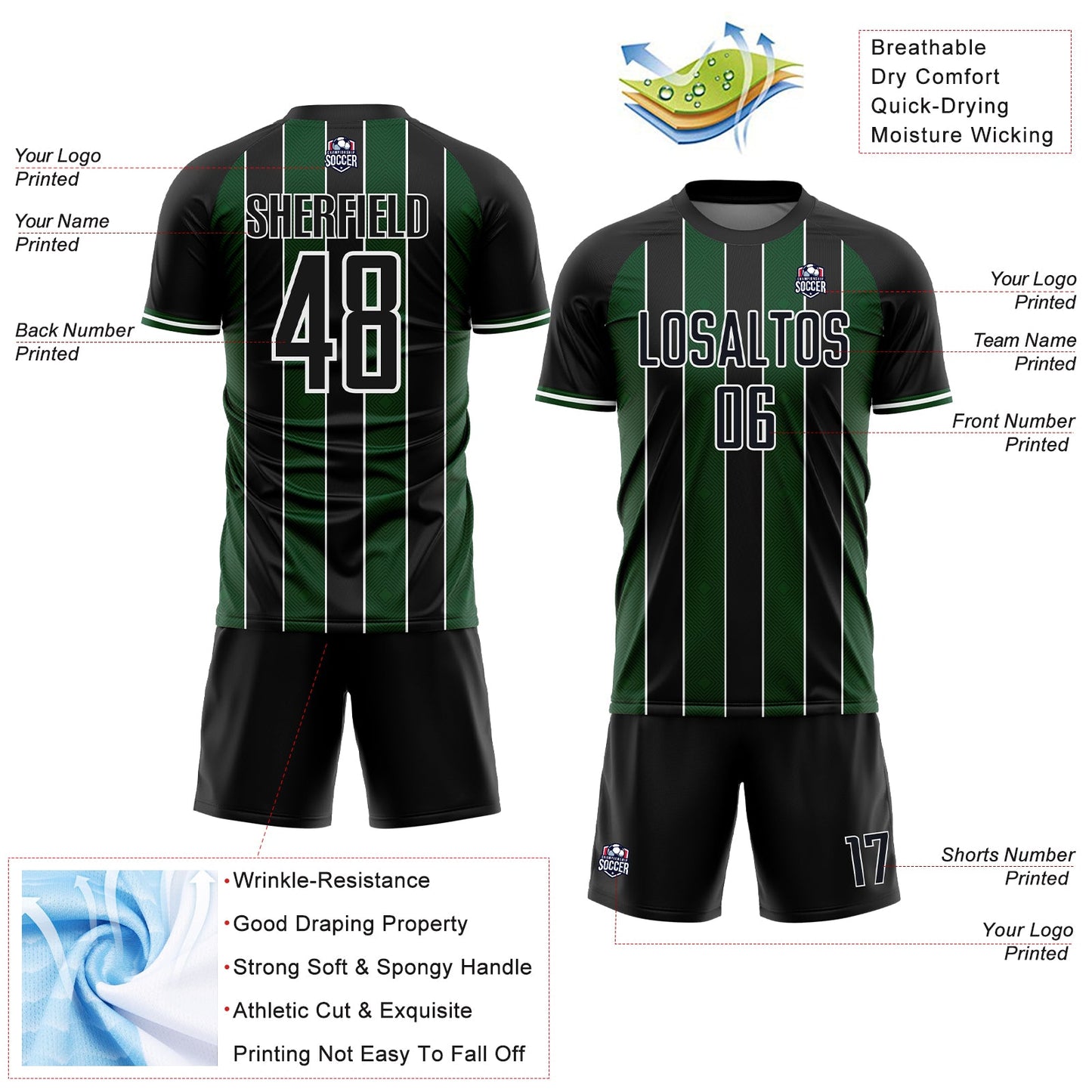 Custom Black Green-White Pinstripe Line Sports Sublimation Soccer Uniform Jersey Limited