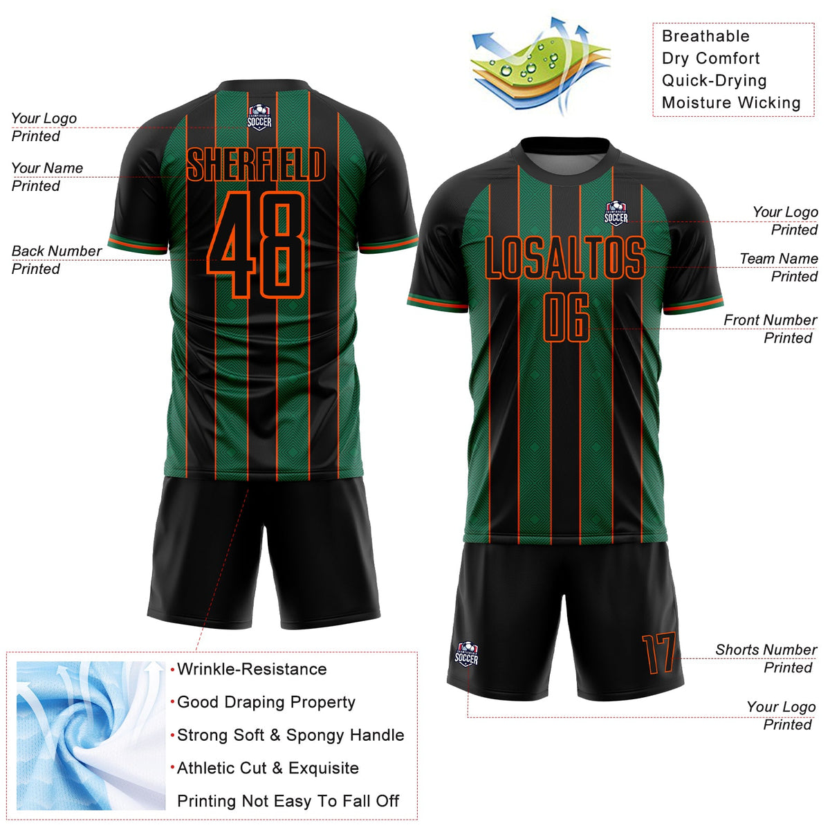 Custom Black Kelly Green-Orange Pinstripe Line Sports Sublimation Soccer Uniform Jersey Limited