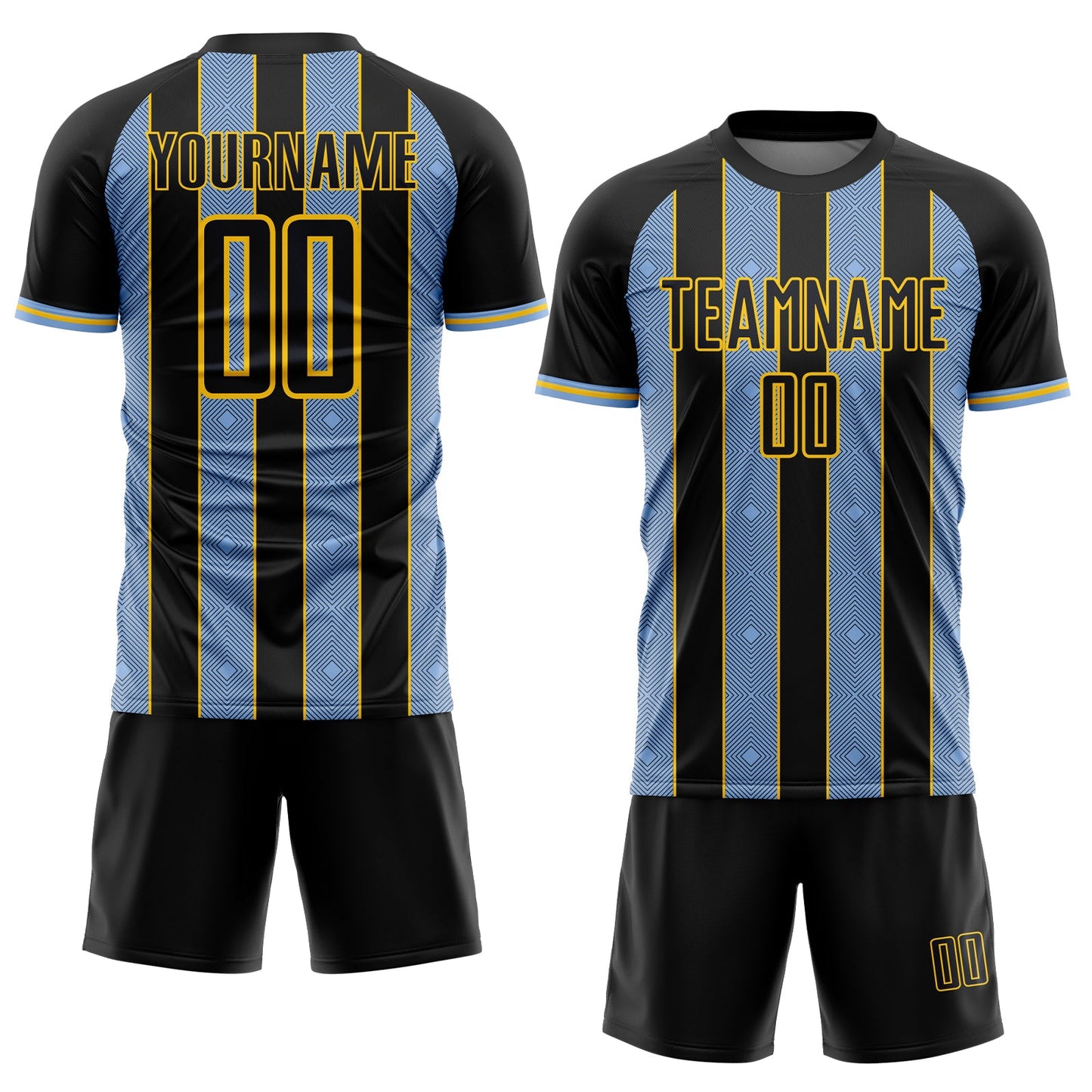 Custom Black Light Blue-Yellow Pinstripe Line Sports Sublimation Soccer Uniform Jersey Limited