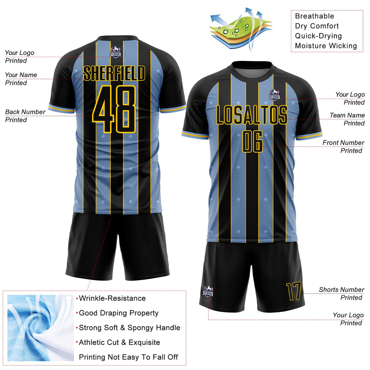 Custom Black Light Blue-Yellow Pinstripe Line Sports Sublimation Soccer Uniform Jersey Limited
