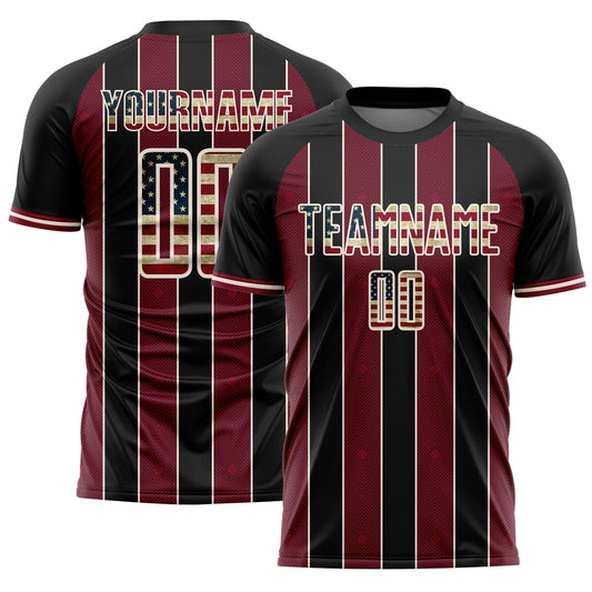 Custom Black Vintage USA Flag Crimson-Cream Pinstripe Line Sports Sublimation Soccer Uniform Jersey