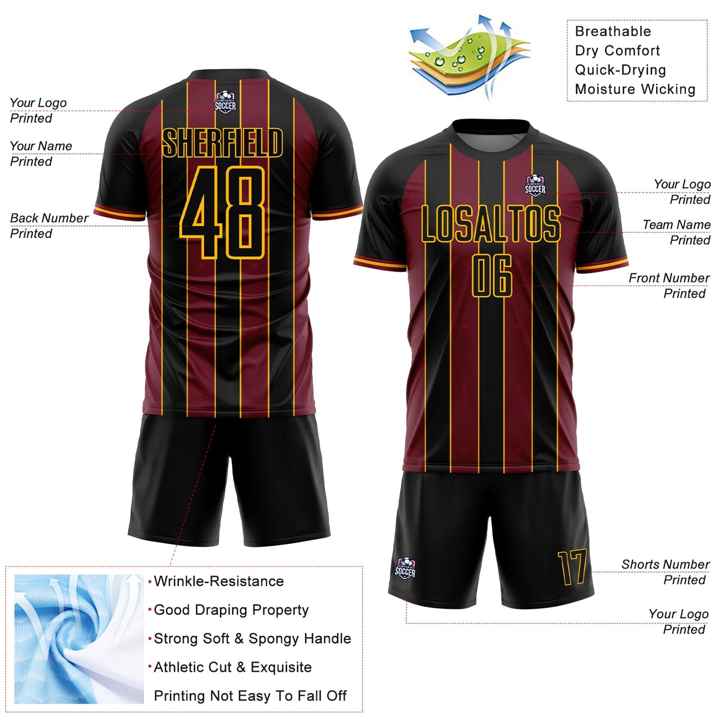 Custom Black Crimson-Gold Pinstripe Line Sports Sublimation Soccer Uniform Jersey Limited