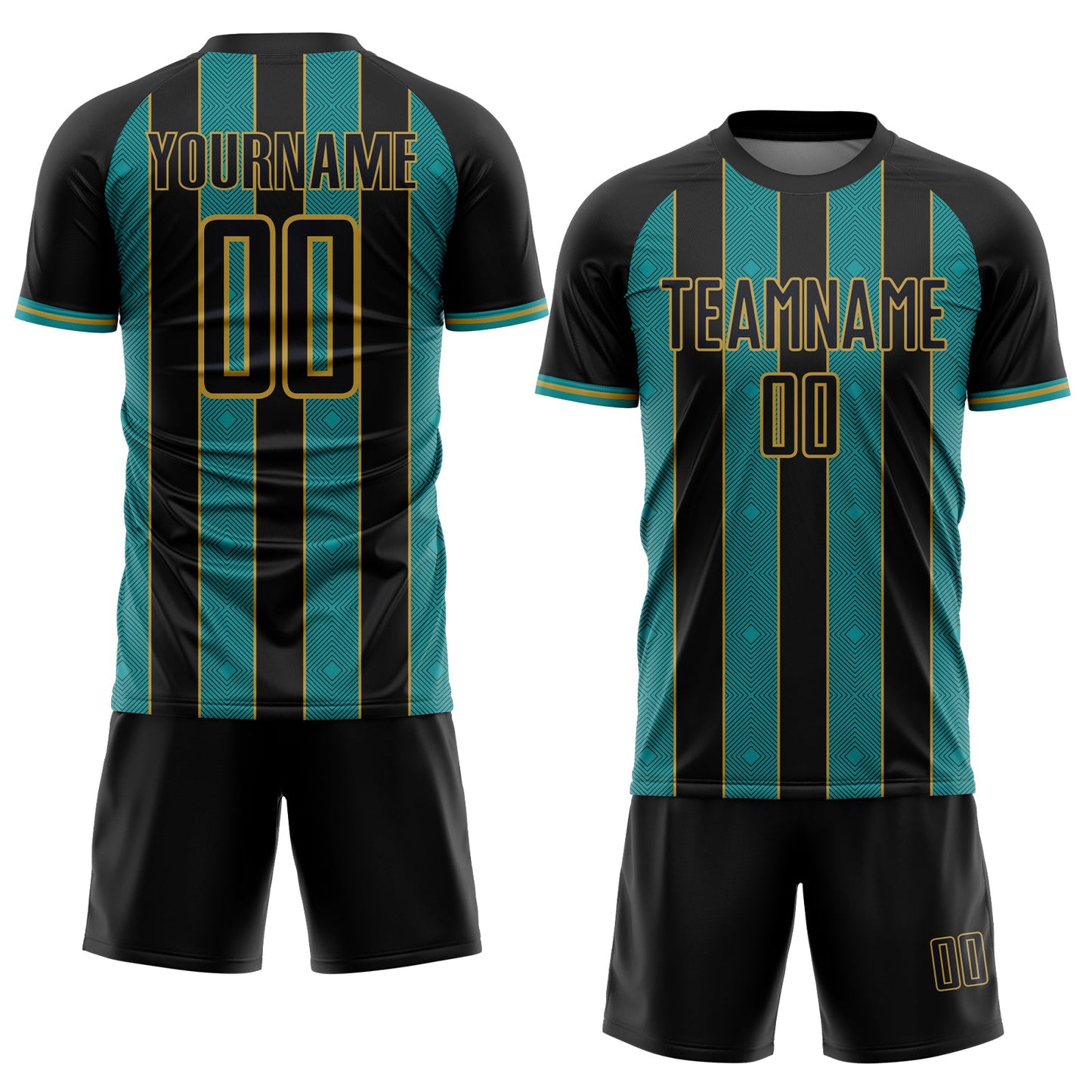 Custom Black Teal-Old Gold Pinstripe Line Sports Sublimation Soccer Uniform Jersey Limited