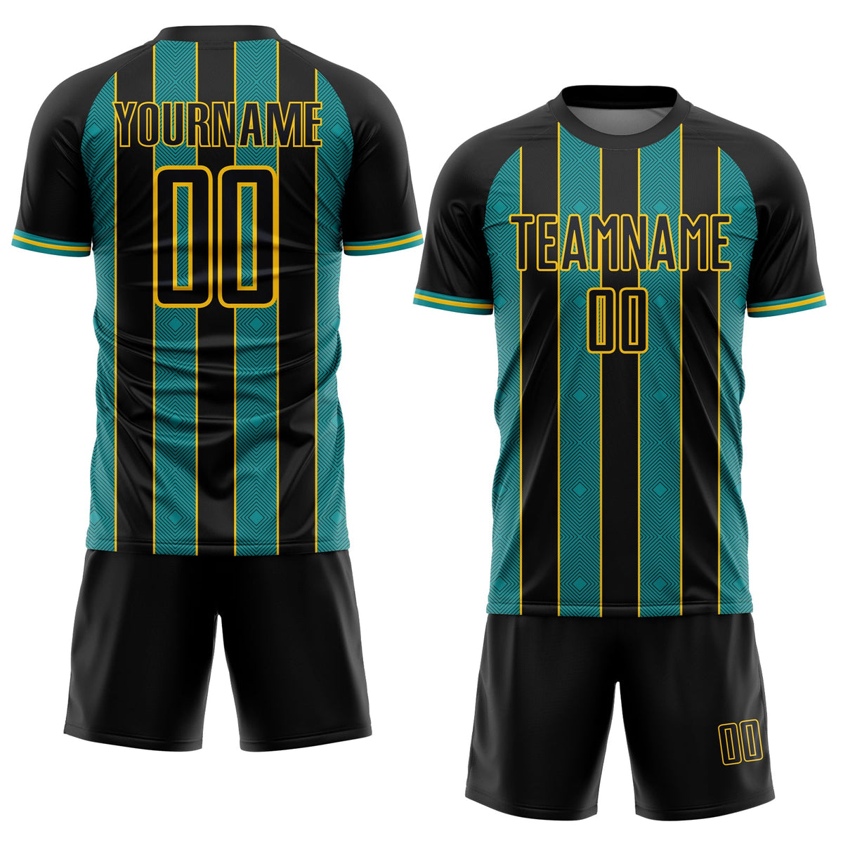 Custom Black Teal-Yellow Pinstripe Line Sports Sublimation Soccer Uniform Jersey Limited