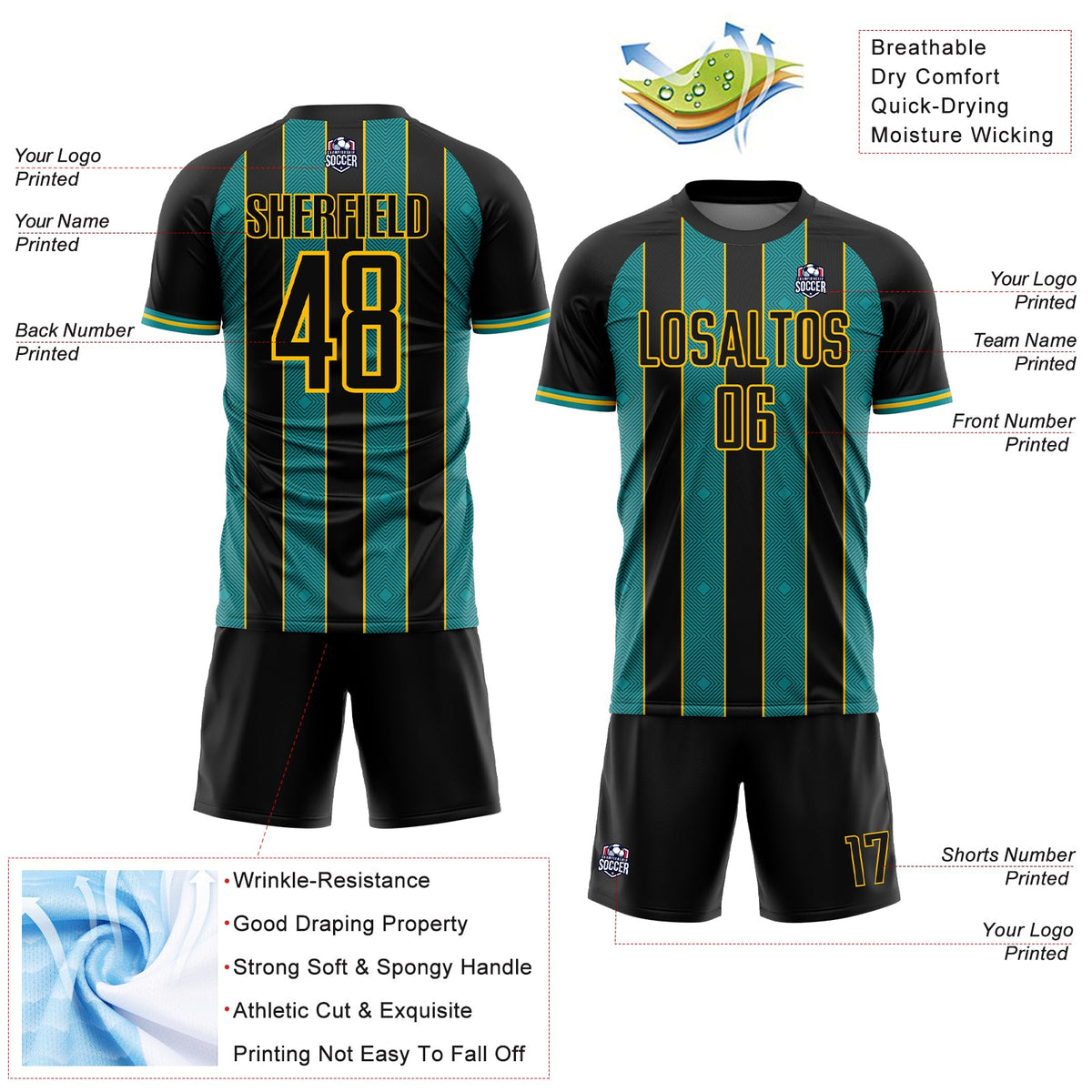 Custom Black Teal-Yellow Pinstripe Line Sports Sublimation Soccer Uniform Jersey Limited