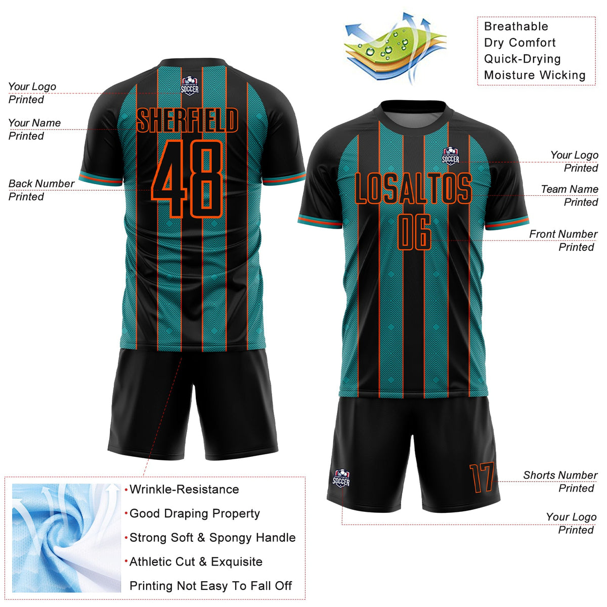 Custom Black Teal-Orange Pinstripe Line Sports Sublimation Soccer Uniform Jersey Limited