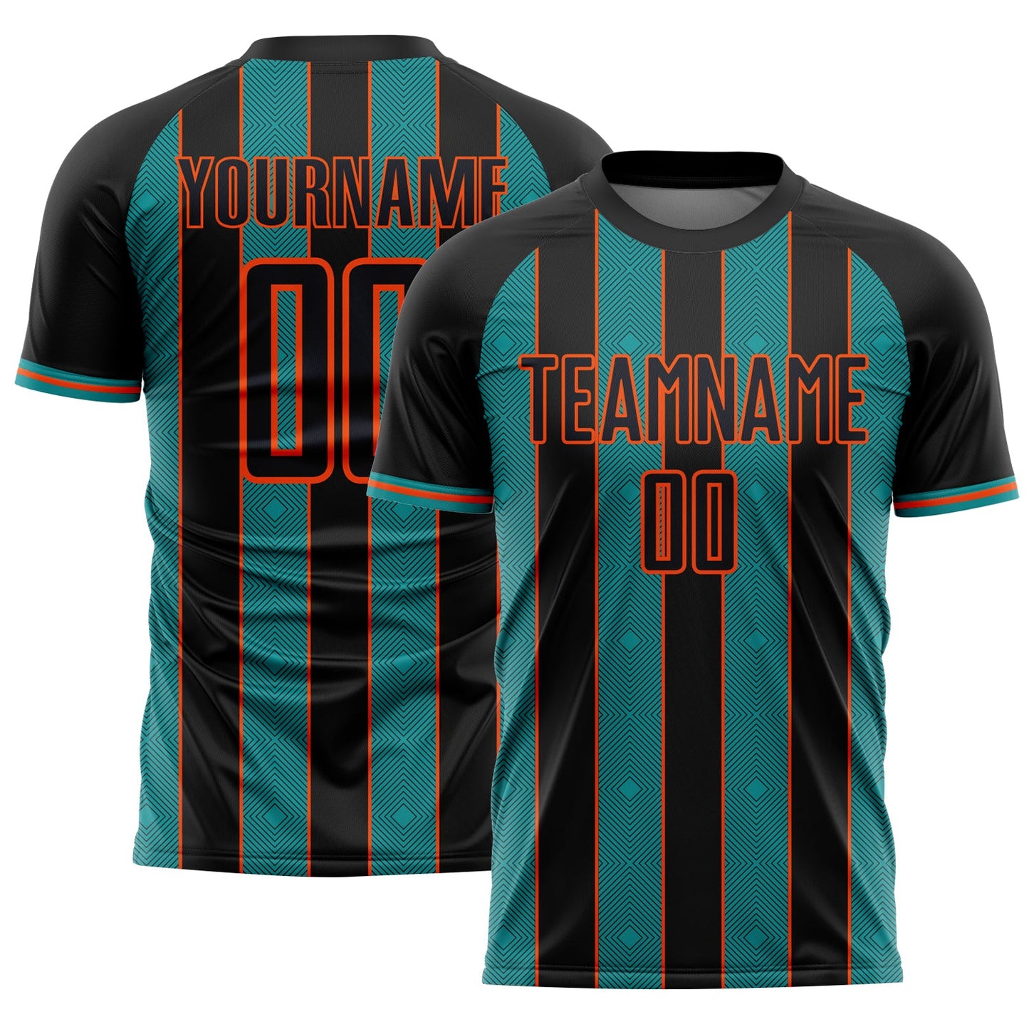 Custom Black Teal-Orange Pinstripe Line Sports Sublimation Soccer Uniform Jersey