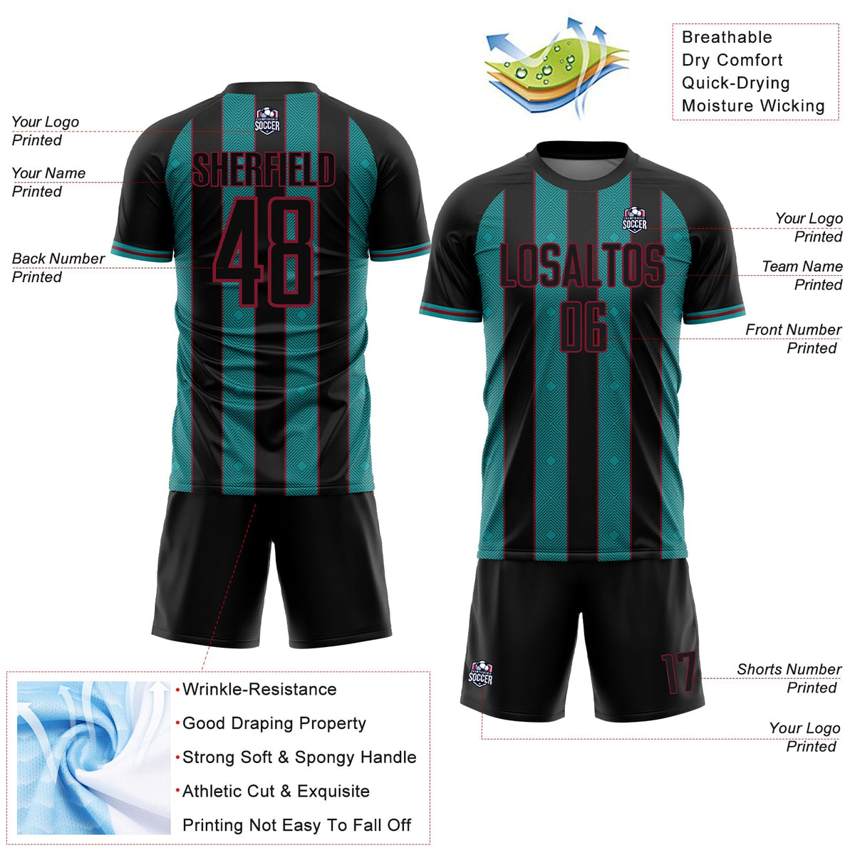 Custom Black Teal-Crimson Pinstripe Line Sports Sublimation Soccer Uniform Jersey Limited