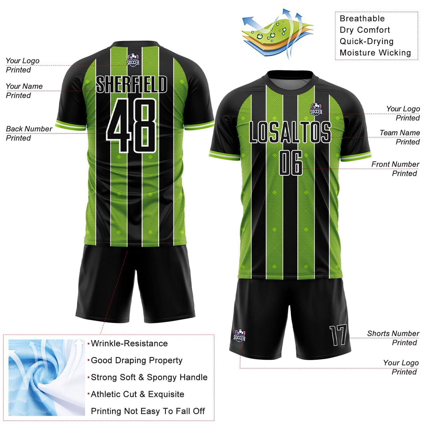 Custom Black Neon Green-White Pinstripe Line Sports Sublimation Soccer Uniform Jersey Limited
