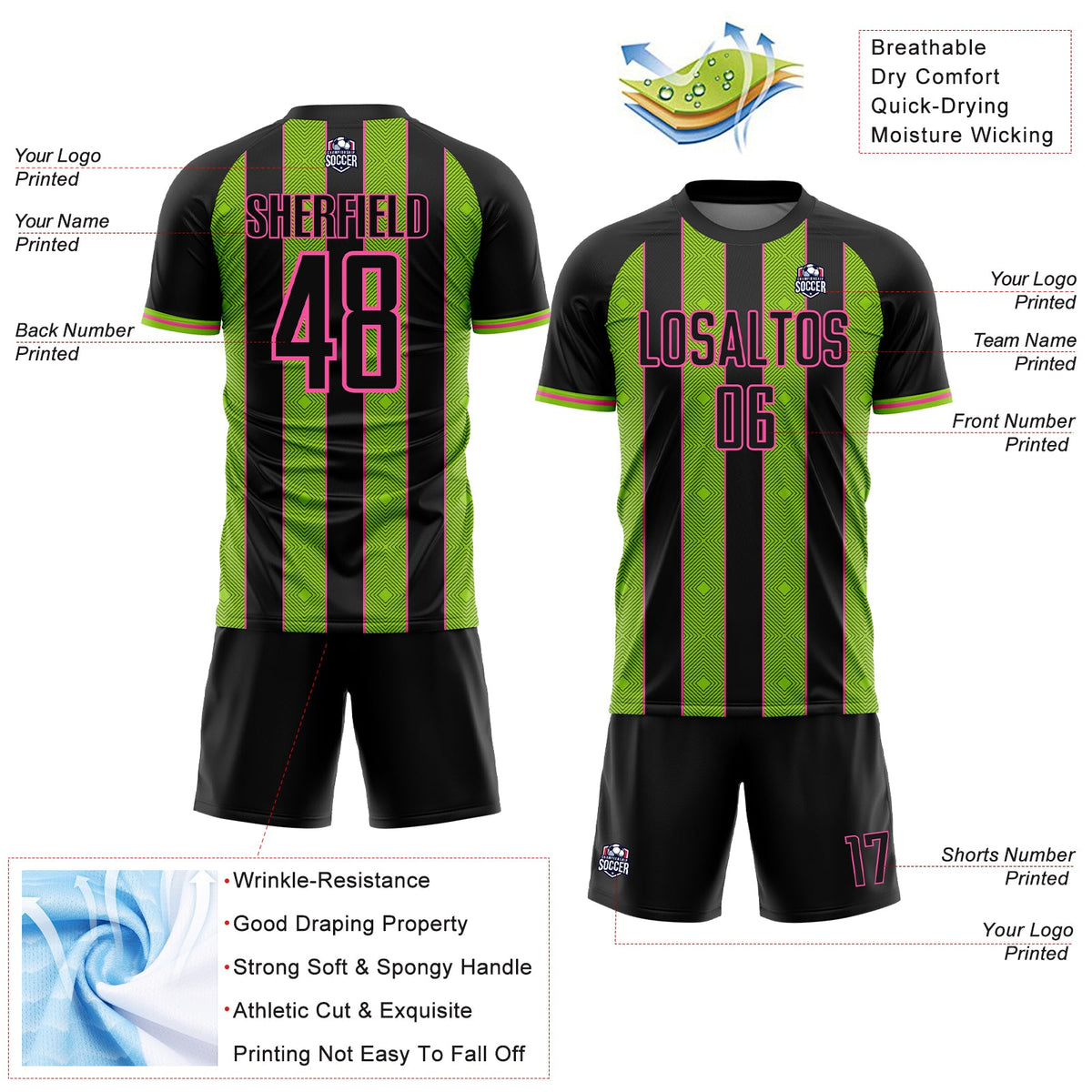 Custom Black Neon Green-Pink Pinstripe Line Sports Sublimation Soccer Uniform Jersey Limited