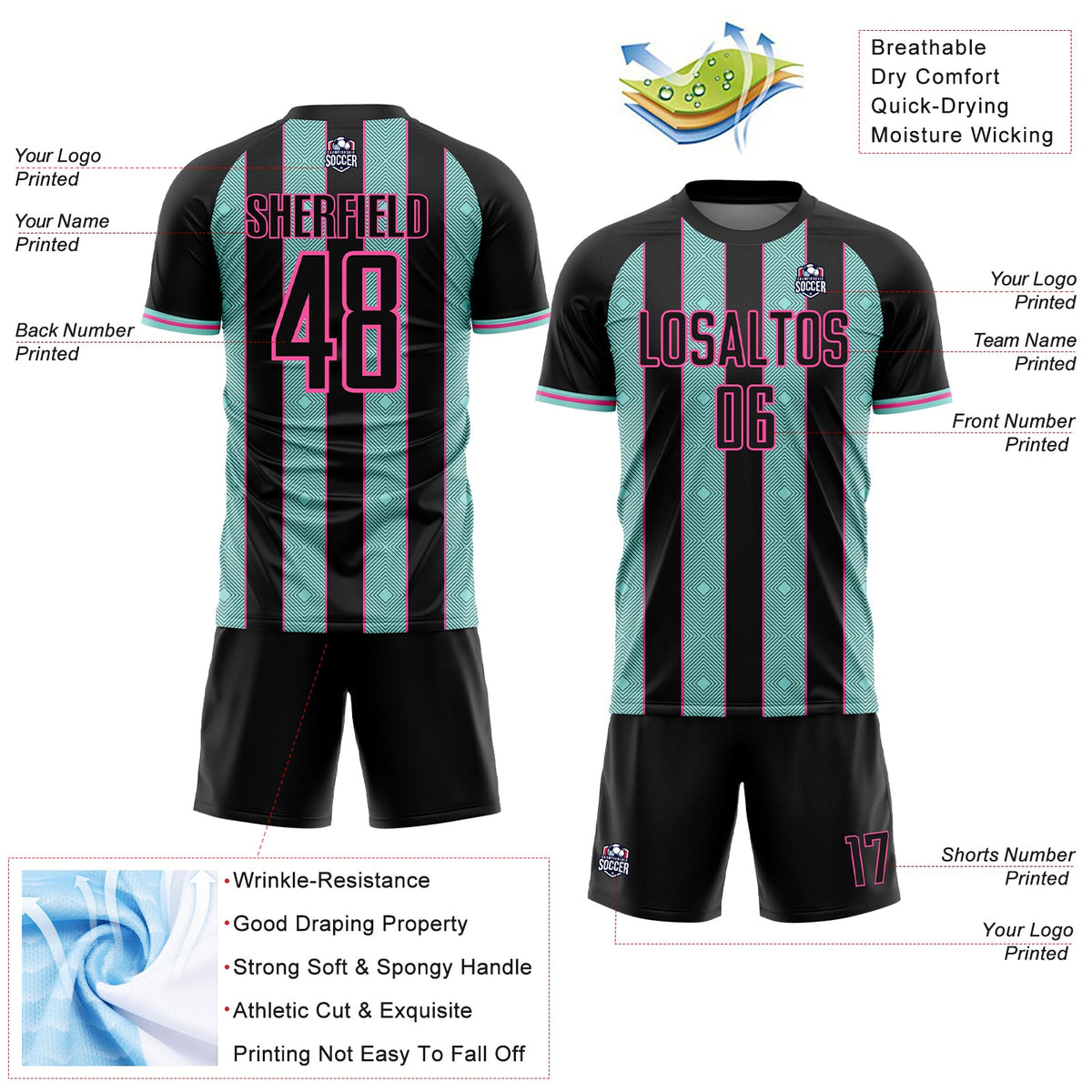 Custom Black Ice Blue-Pink Pinstripe Line Sports Sublimation Soccer Uniform Jersey Limited