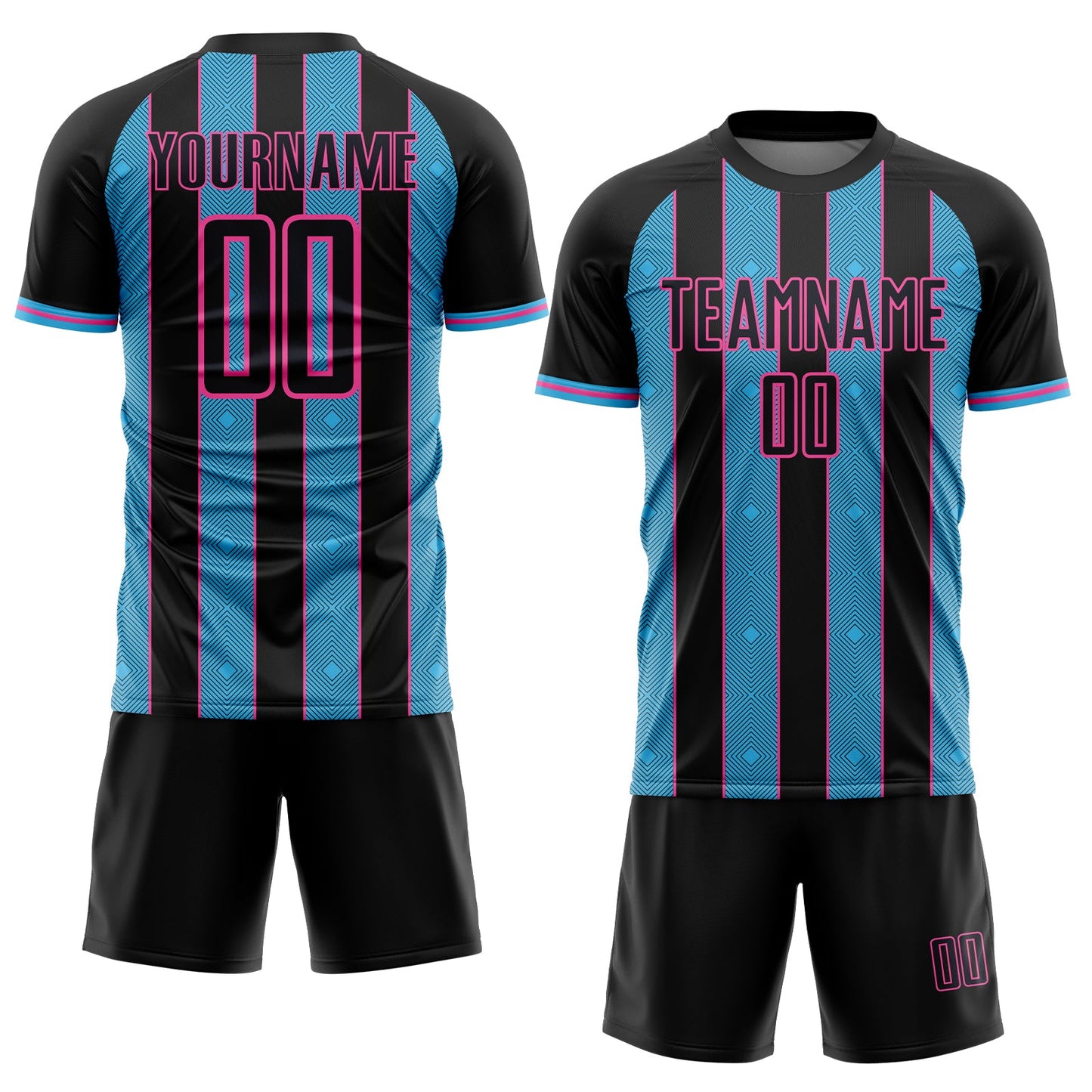 Custom Black Sky Blue-Pink Pinstripe Line Sports Sublimation Soccer Uniform Jersey Limited